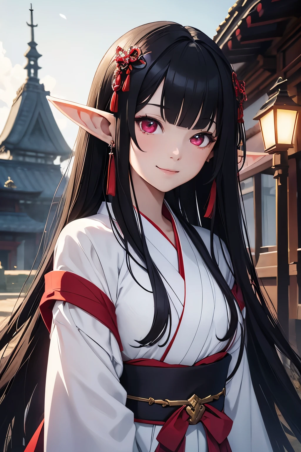 young elf girl, black hair, red eyes, wearing a white and purple shrine maiden outfit, outside of a mansion, day, realistic lighting, masterpiece, high detail, detailed eyes, detailed face, smiling gently, genshin impact, looking into the distance,under the night sky