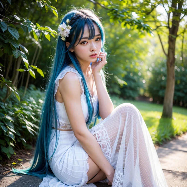 (best quality,4k,highres,masterpiece:1.2),ultra-detailed,realistic,hdr,anime,girl,blue hair,white dress,rem rezero,beautiful detailed eyes,beautiful detailed lips,sitting on the ground,wildflowers around her,sunlight filtering through the trees,peaceful atmosphere,vibrant colors,soft shadows,dreamy style