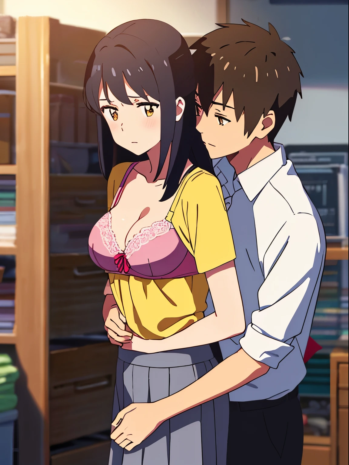 shinkai makoto, kimi no na wa., 1boy, buzzcut,office suit, boy caressing girl's body, kiss cheeks, passionate hug, boy is hugging from behind, breast groping from behind, 1girl, bangs, black hair, brown eyes, Twisted Half Up, red ribbon, long hair, yellow blouse, open shirt, unbuttoned shirt, pink bra, cleavage, breast, medium breast, long gray skirt, storage room, indoors, masterpiece, perfect anatomy, cowboyshot
