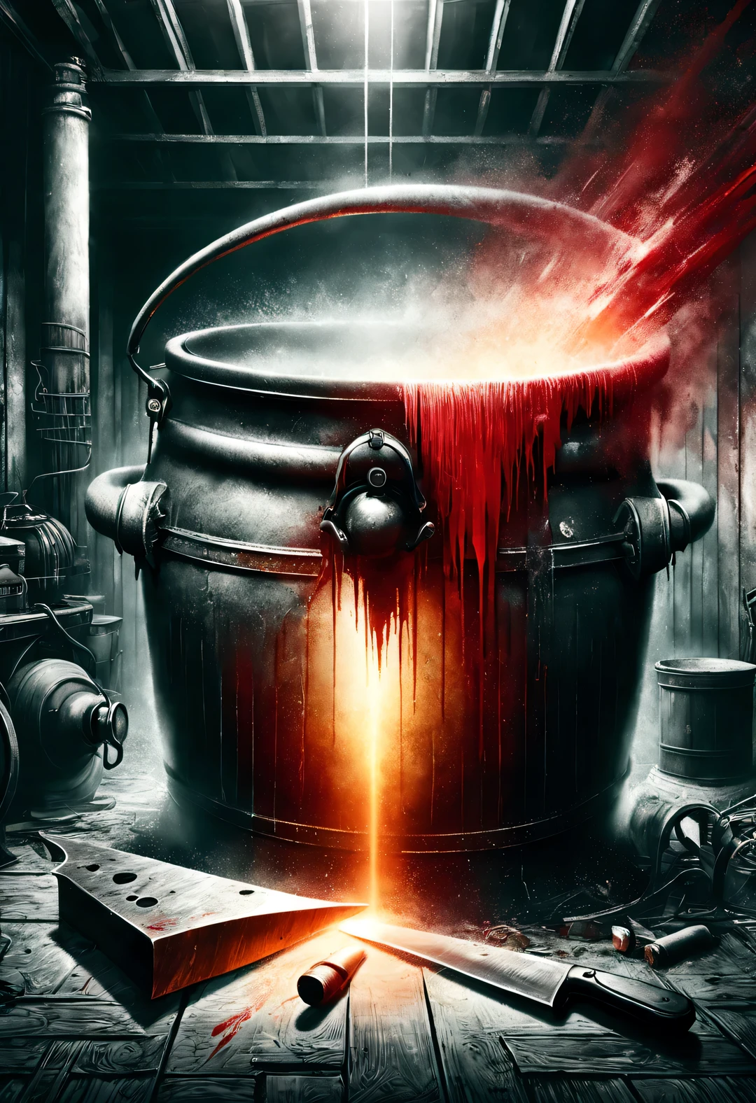 (Graphite painting), (A big old iron pot is boiling red water in the basement), (There is a huge knife stuck in the broken iron pot: 1.37), scary, (Industrial lights on the roof emit a dim, weak red light: 1.0), Extra Large Chef's Knife,
background: many, many旧酒瓶和玻璃杯在地下室飞扬, The walls are tattered, industrial style, retro shabby,
90's anime style, Bold silhouettes, Graphic arts, line art, black and white, line art with pen pressure, Pen pressure sketch, Calligraphy pen with pen pressure, G pen style,With pen pressure, Hand drawn thick lines, high contrast, IG model,