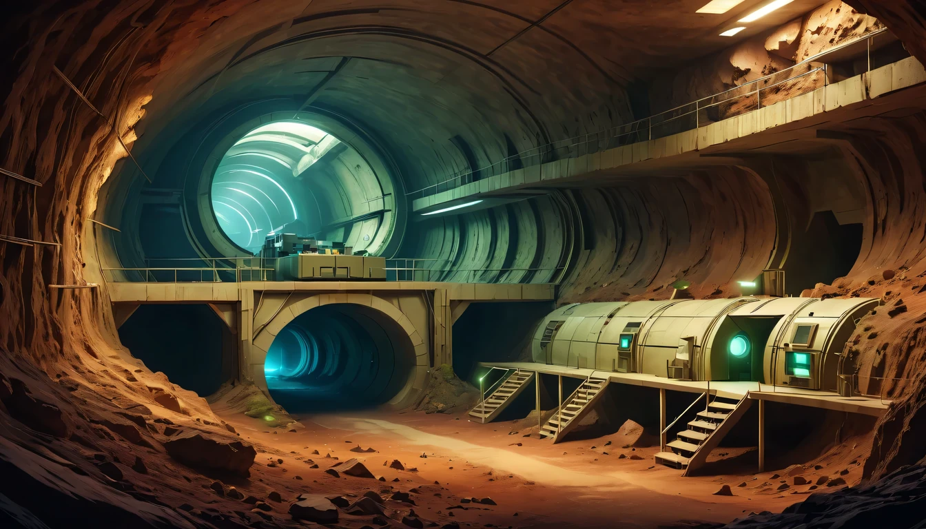 Underground bomb shelters,Hidden underground military research base,deep into the earth'crust,Ant nest structure,chaining,Sectional view of the Underground Science Institute,Consists of multiple tunnels and rooms,sense of technology,futuristic