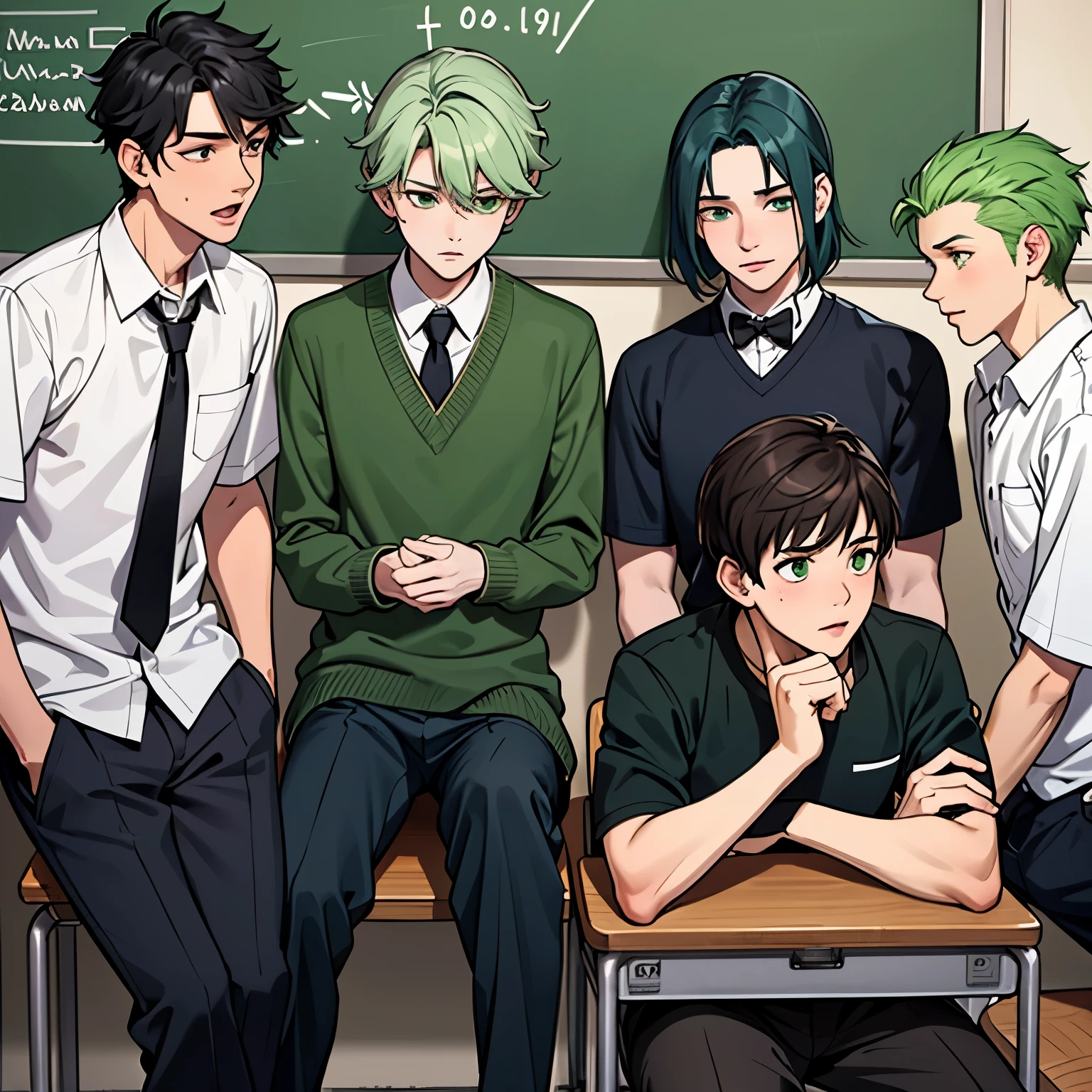The 4 handsome boys at school are talking with concern about something important that will happen. They are anxious and worried. They are in the school classrooms. They are 14 and 15 years old. They have green hair, green eyes.
