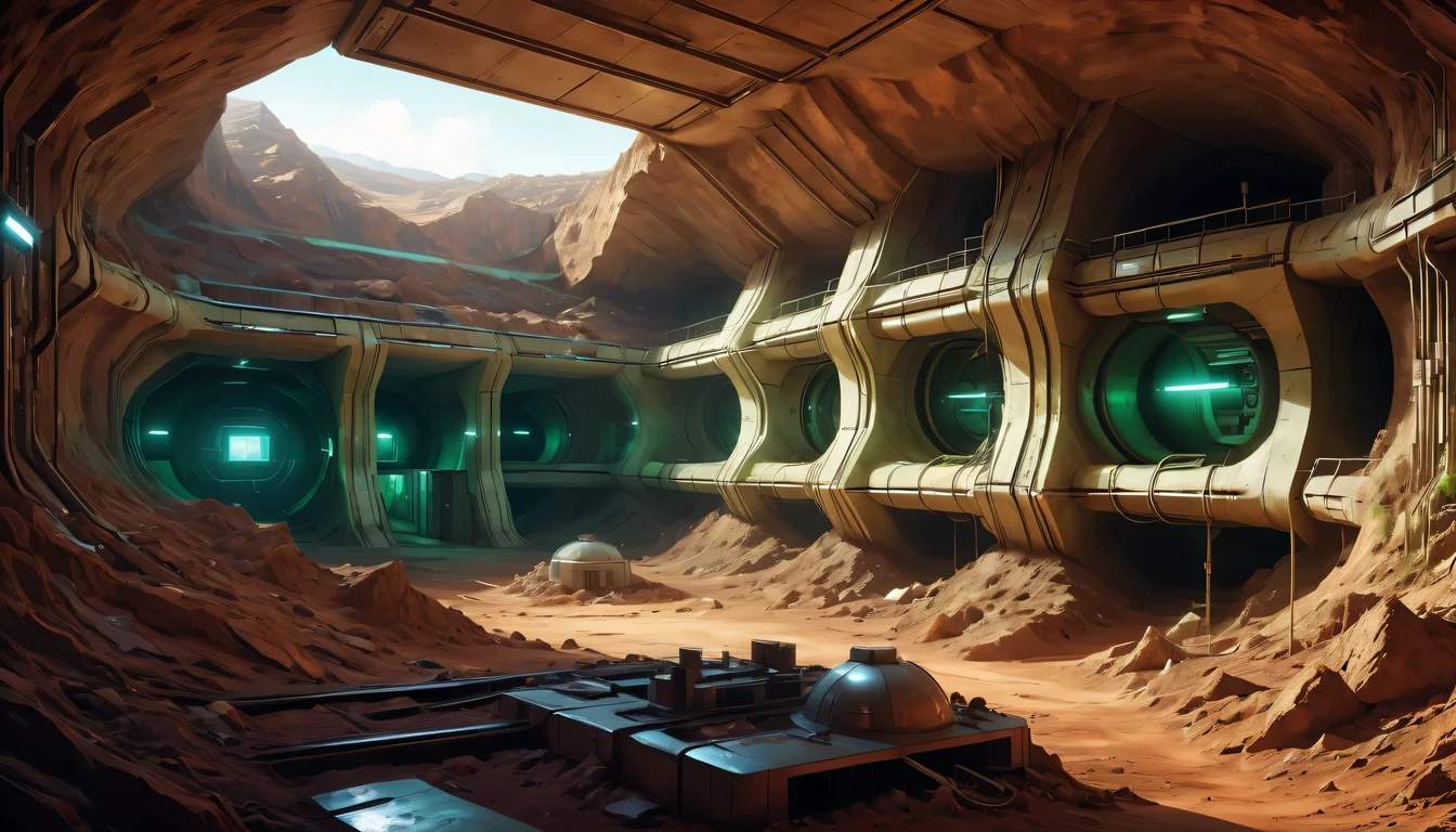 Underground bomb shelters,Hidden underground military research base,deep into the earth'crust,Ant nest structure,chaining,Sectional view of the Underground Science Institute,Consists of multiple tunnels and rooms,sense of technology,futuristic