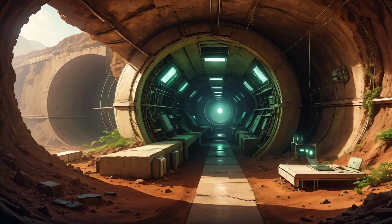 Underground bomb shelters,Hidden underground military research base,deep into the earth'crust,Ant nest structure,chaining,Sectional view of the Underground Science Institute,Consists of multiple tunnels and rooms,sense of technology,futuristic