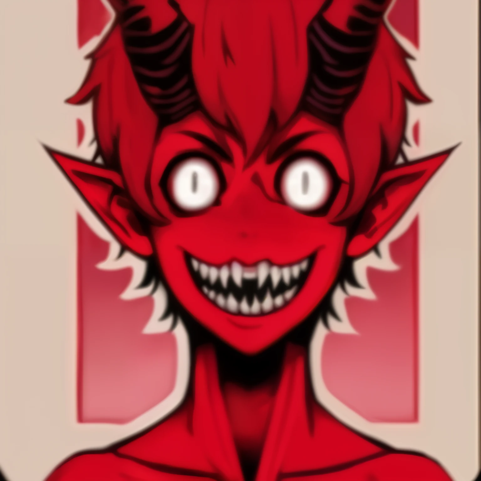 a close up of a cartoon devil with horns and fangs, demon boy, cheeky devil, devilman, a devilish grin on his face, devil smile, is evil gremlin, demonic face, evil grin, portrait of a demon, demon girl, devilish, wide evil grin, demonic! compedium!, chtulhu, cacodemon