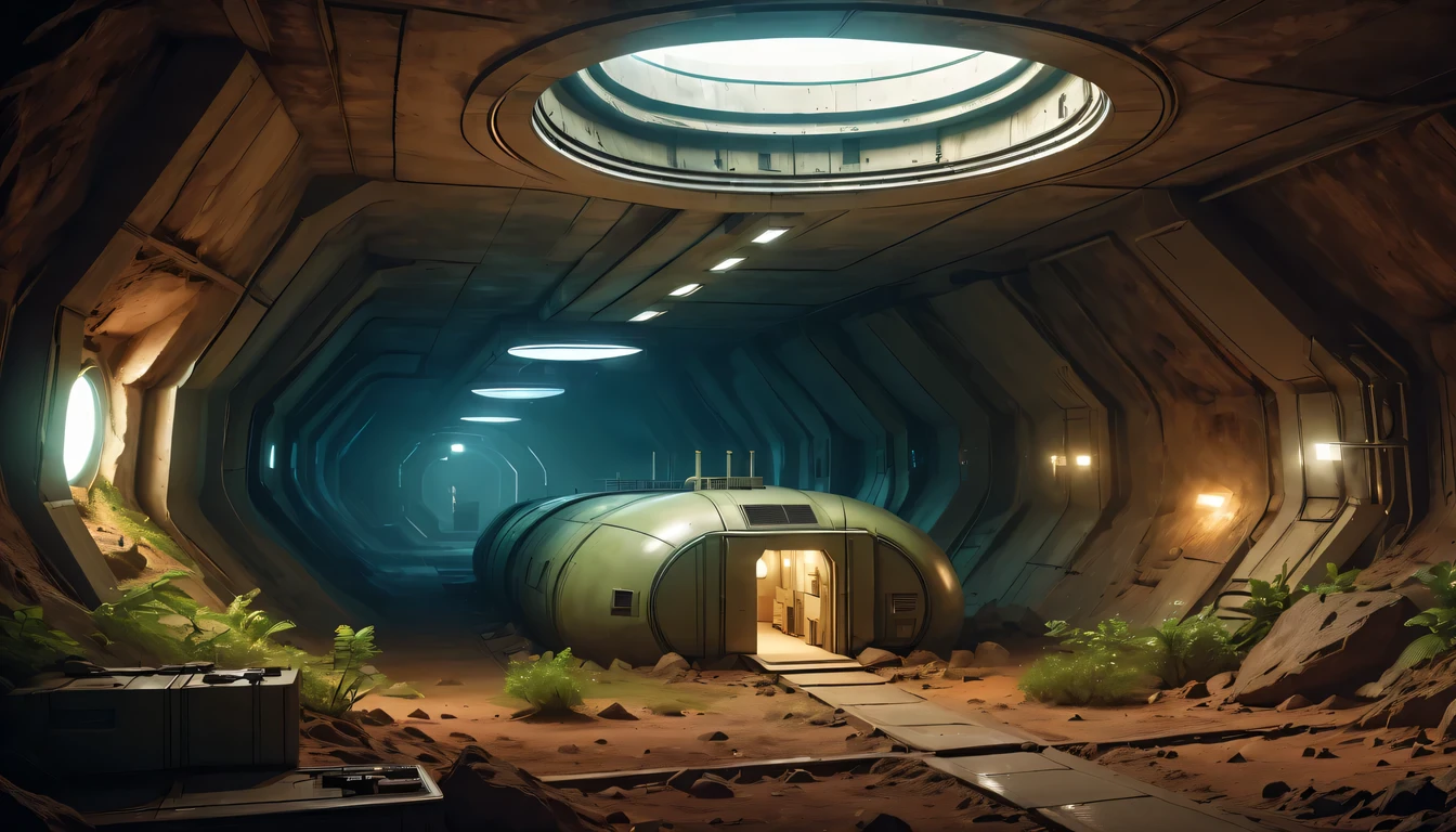 Underground bomb shelters，Hidden underground military research base，deep into the earth&#39;crust，Ant nest structure，chaining，Sectional view of the Underground Science Institute，Consists of multiple tunnels and rooms，The main part consists of the shaft entrance、Central courtyard、storeroom、Housing etc..，light lighting，sense of technology，futuristic