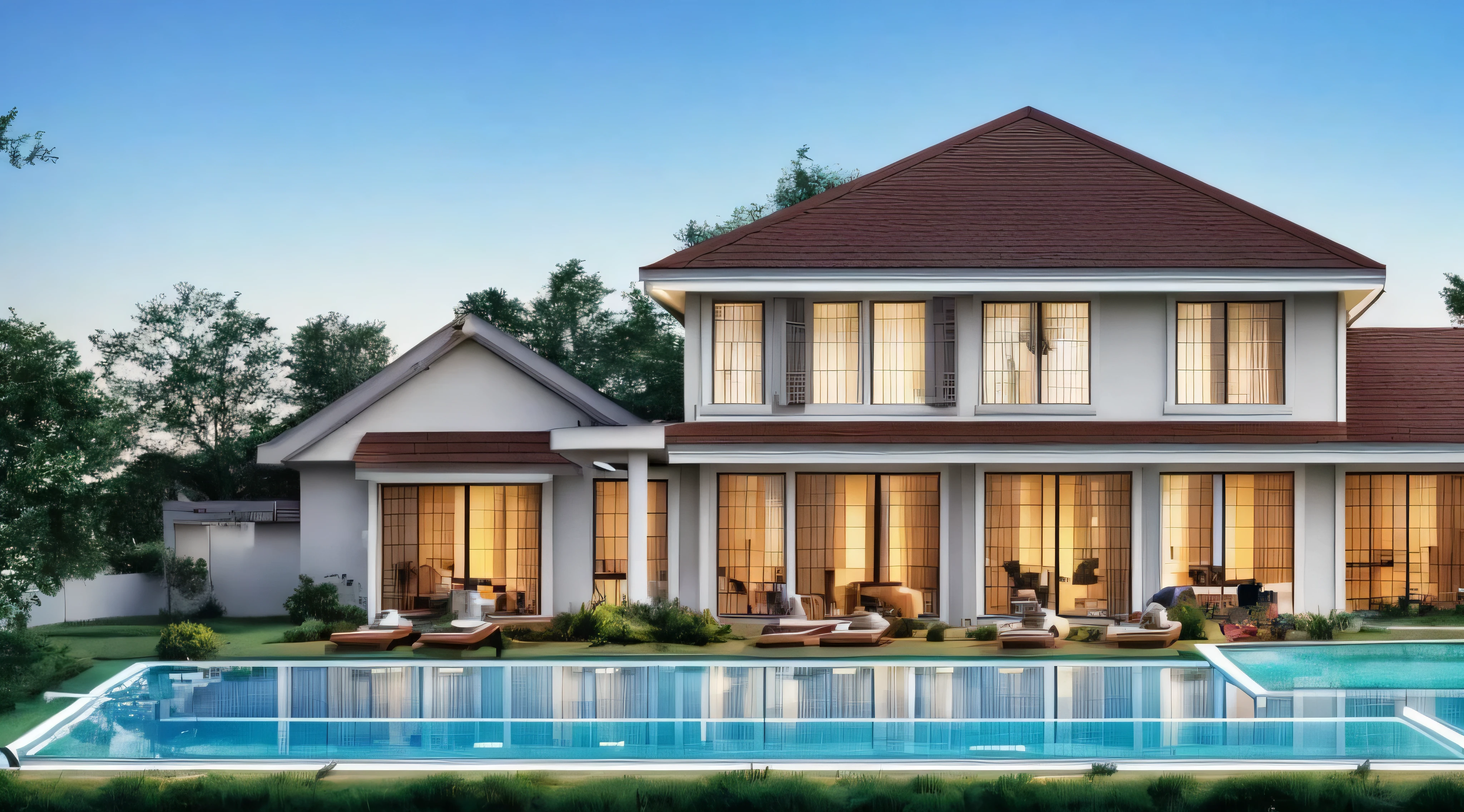 make an image of a beautiful large house with roofing shingles and swimming pool