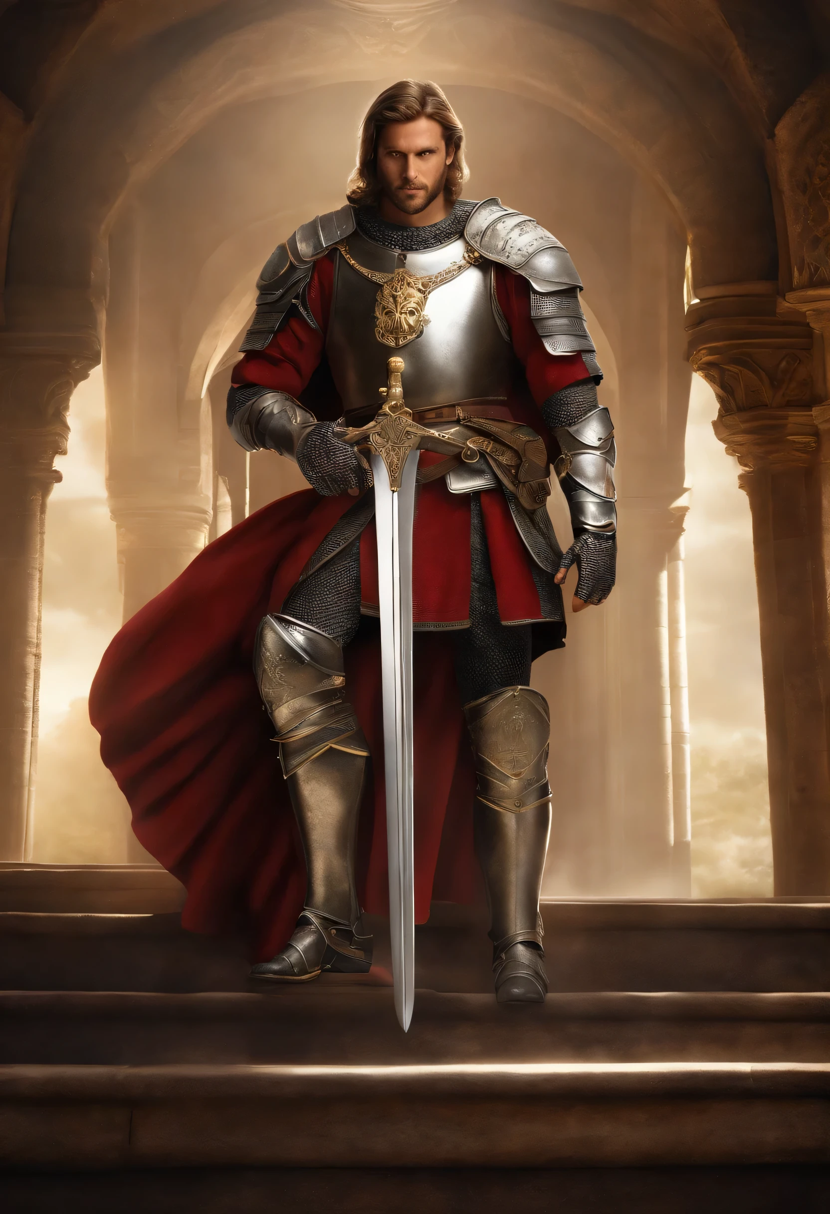 O King Richard, The Lionheart sentado em seu trono, on one side is his sword and on the other, Seu escudo. He is wearing richly detailed silver medieval armor... Dramatic light, detalhes intirncados, diffuse lighting. The setting is the interior of a medieval castle.