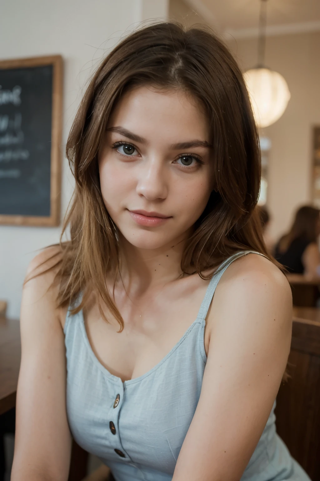 ((Best quality)), ((masterpiece)), (detailed), perfect face cute face blonde hair in a restaurant blue short dress