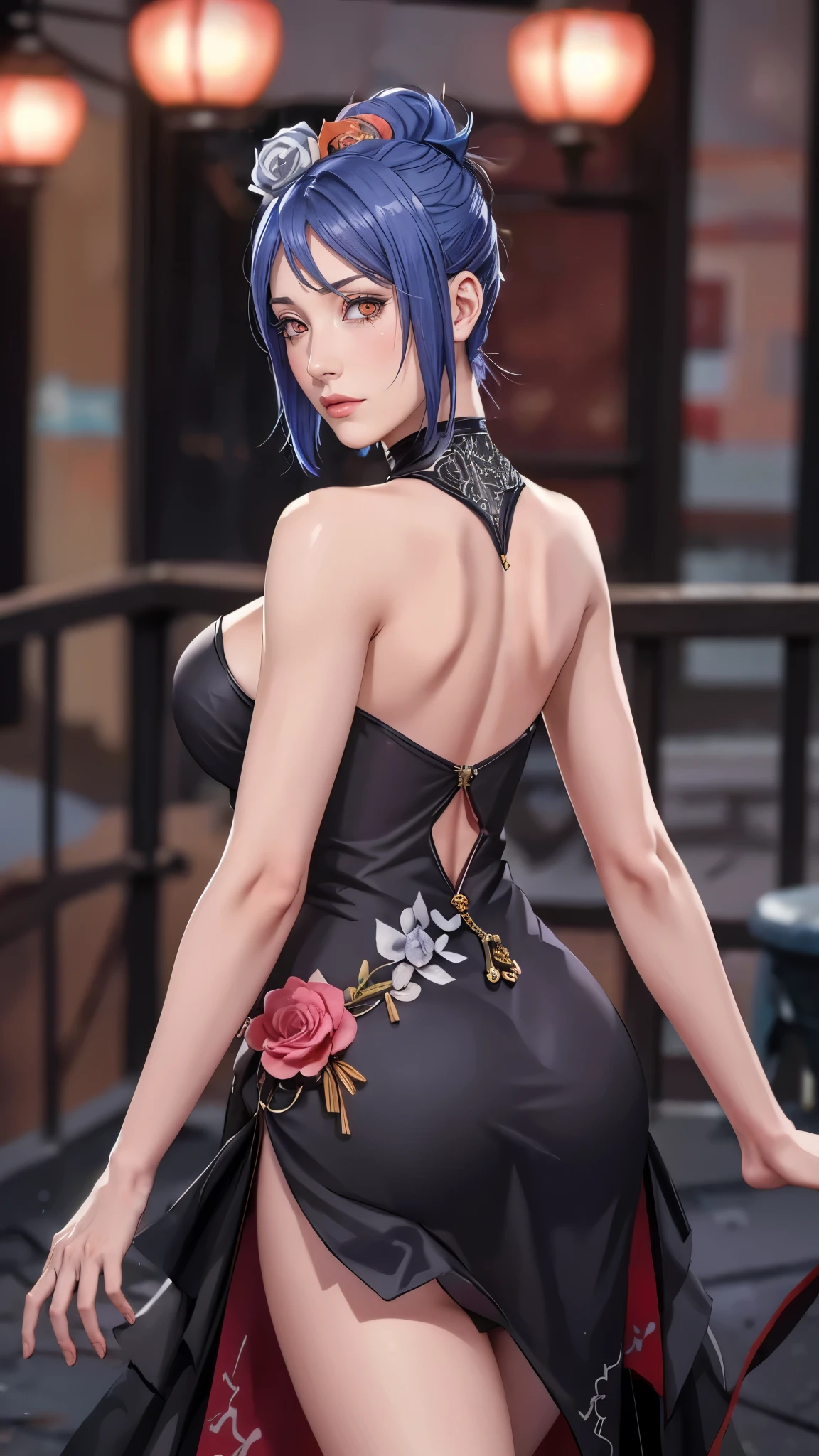 （（（newchinesestylesuit，cement gray dress,（（（danya，konan \(naruto\),konan, blue hair, Orange pupils, short hair, hair ornament, flower, hair flower, ））），（（（wide hips））），S-shaped body:1.7））），((masterpiece)),high resolution, ((Best quality at best))，masterpiece，quality，Best quality，（（（ Exquisite facial features，looking at the audience,There is light in the eyes，shy，blush，pain，endure ））），（（（Light and shadow interlace，super gigantic ，cleavage））），（（（looking into camera，from behind，plump butt，slender legs）））