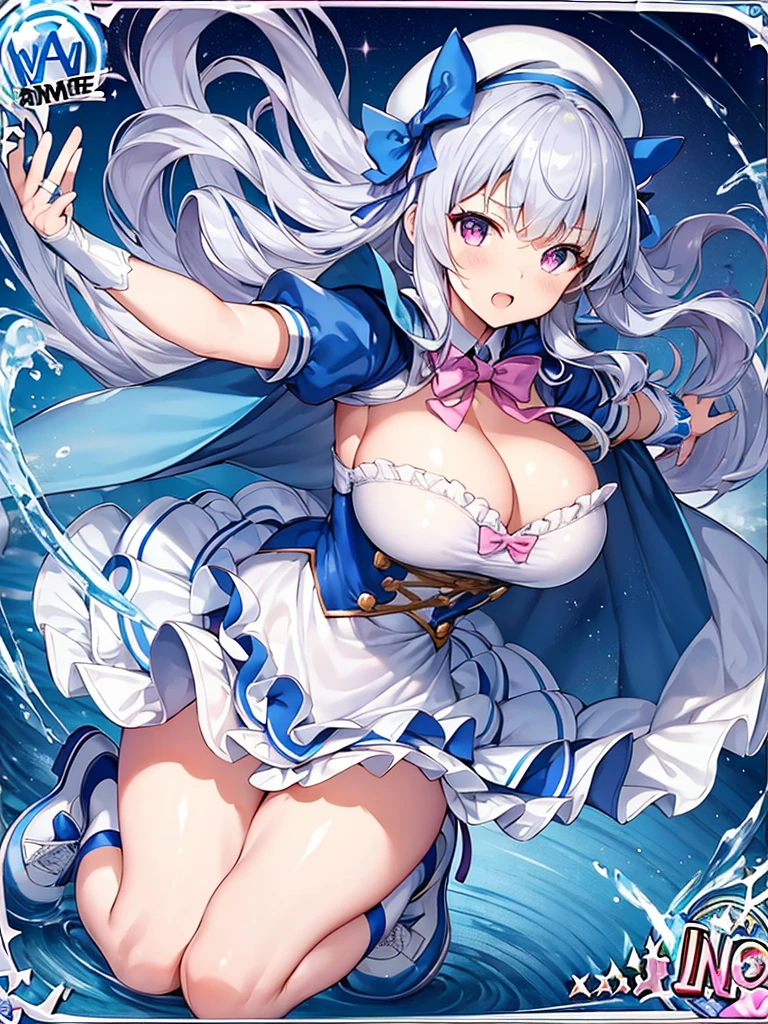 action pose,lean forward,{{squat}},hand onground,{{bend down}},battle scene, photo realistic, (masterpiece,best quality:1.4),(8k,raw photo,photo realistic:1.2),Not Safe for Work, detailed skin,detailed face,1girl,princess, cute face, super resolution,retro realistic details Illustration,,{{{elaborate,intricately,fantastic,delicately,tremendous,meticulous,minute,incredibly,obsessed,artisan's,subtle,virtuoso,skillful,vibrant, vivid, complex}}}, clearly focus edge, fresh natural gradation, best quality, amazing quality, very aesthetic, absurdres, pubisure, (((Blue school uniform))), mini frilled skirt, (frilled ), happy, (White beret,Comes with a blue bow),
BREAK,
(((huge lance in hand))),
BREAK,
medium bob, ((silver hair)), ((wavy hair)), shimmering eyes, Pink eyes, , 12 yo,(e))),((Blue the Bow)), Puffy Sleeveangss, shortsleeves, ((Blue bow ribbon)),(White frilled apron), flat chest, beautiful hands, neck ribbon, wristband, arm garter, baby face, twinkle in the eraided bangs, ((frilled ankle socks)), (((high tops))), mary janes, ring, masterpiece, top-quality, not safe for work,
yumekawa,yumekawaii,pastel color,(wonderland:1.3),imagination, ((splashing)), ((ripples)), splashing water, (water-color),((Multicolored lights)), (((trading card))),