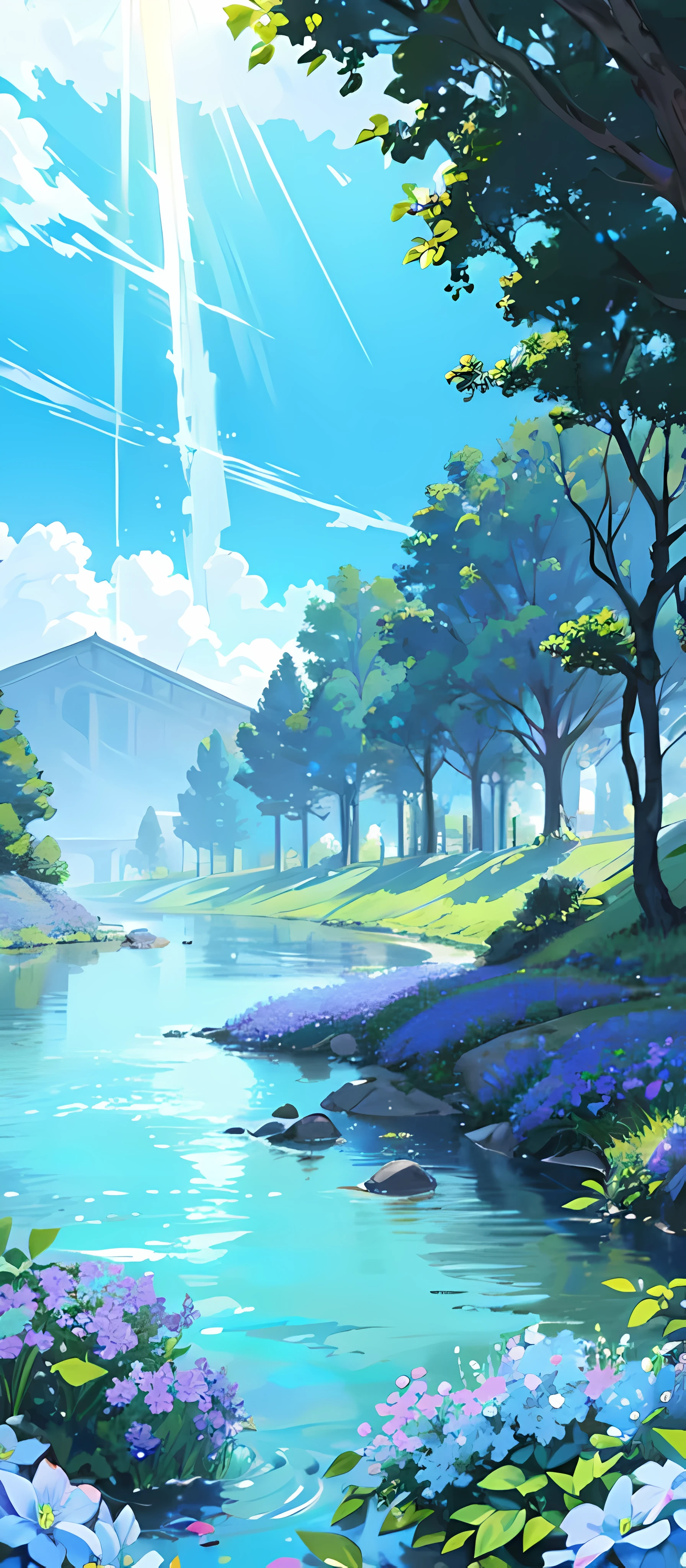 Clouds,rays of sunshine,suns,beam of light,Dingdall effect,llight rays,shadowing,Light blue flowers,Look from afar,River side,river water,Sky blue color scheme 1.6