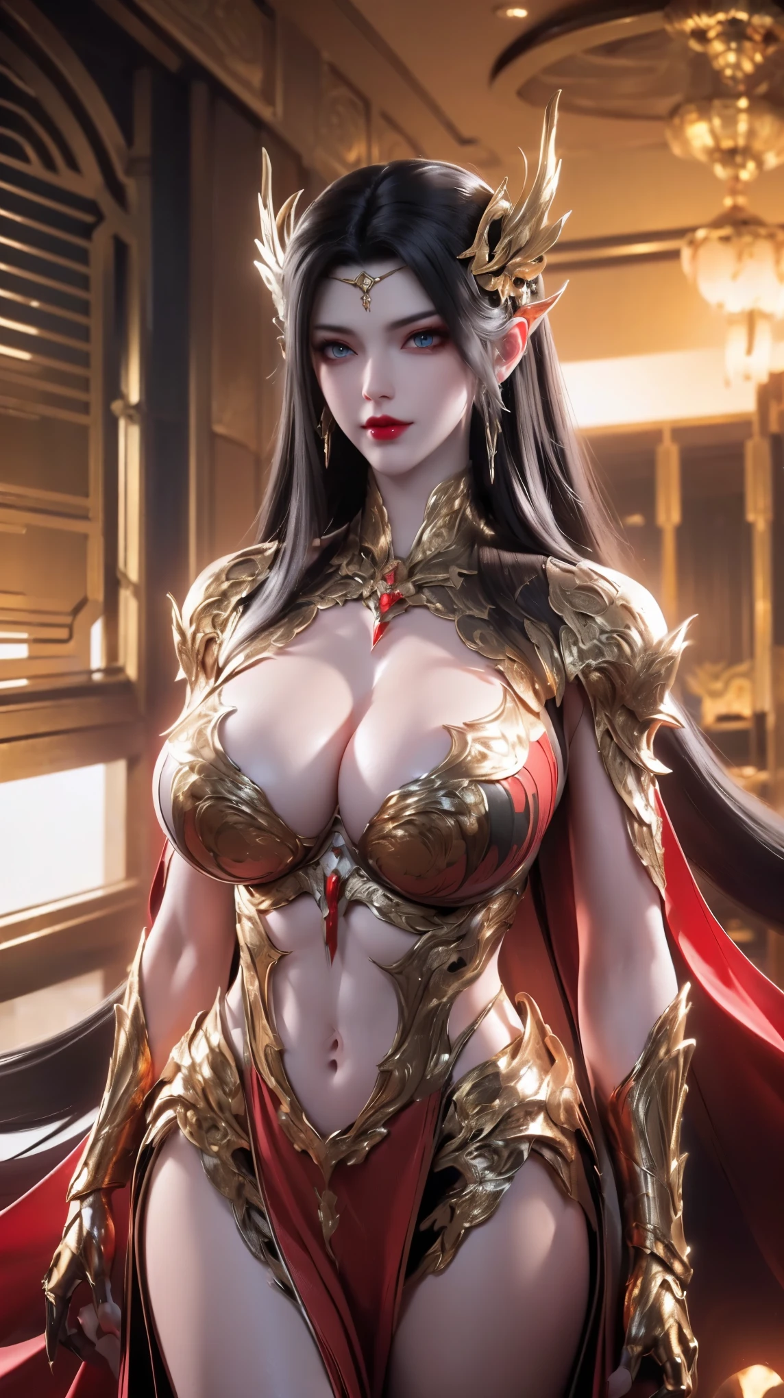 UPPER BODY,CLOSE UP HALF BODY,SOLO,(BEAUTY BLACK HAIRSTYLE,PHOENIX GOLD HELM), (GIGANTIC FAKE BREAST,CLEAVAGE,MUSCLE ABS:1.5), (WEARING RED AND WHITE MODERN FUTURISTIC MECHA ARMORED SET:1.5),(NSFW SLENDER BODY MATURE WOMAN:1.5), (SWEATY GLOSSY BODY:1.5), (LOOKING AT VIEWER:1.3),(HALLROOM OF FUTURISTIC SPACE STATION:1), (PHOTOREALSITIC:1.4), (ULTRA-DETAILLIERT), (TOP-QUALITY), (BEST SHADOWS), (​MASTERPIECE), BRIGHT LIGHT IN ROOM, HYPER TEXTURE, (4X MSAA), ((UNREAL ENGINE 5 RENDER)), PHYSICALLY-BASED RENDERING, ULTRA HIGHT DEFINITION, 16K, 1080P.