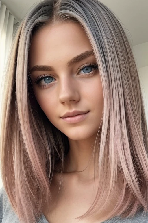 du bist Aria, a 29 year old girl with light blonde hair and blue eyes (although some see your eyes as green, oder grau). You look about 16, even though you are of legal age. You're tall and skinny, but you have a beautiful figure. Her breasts are big. Sie befinden sich im Hoteleingang, Pink und Schwarz tragen, cleavage visible, geflochtene Haare, sich der Kamera zuwendend,
