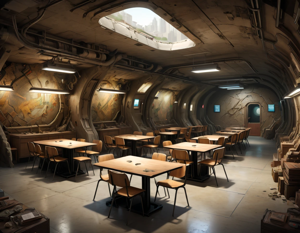 classroom, Underground, Neat tables and chairs, sort, enhance, intricate, (best quality, masterpiece, Representative work, official art, Professional, 8k)
