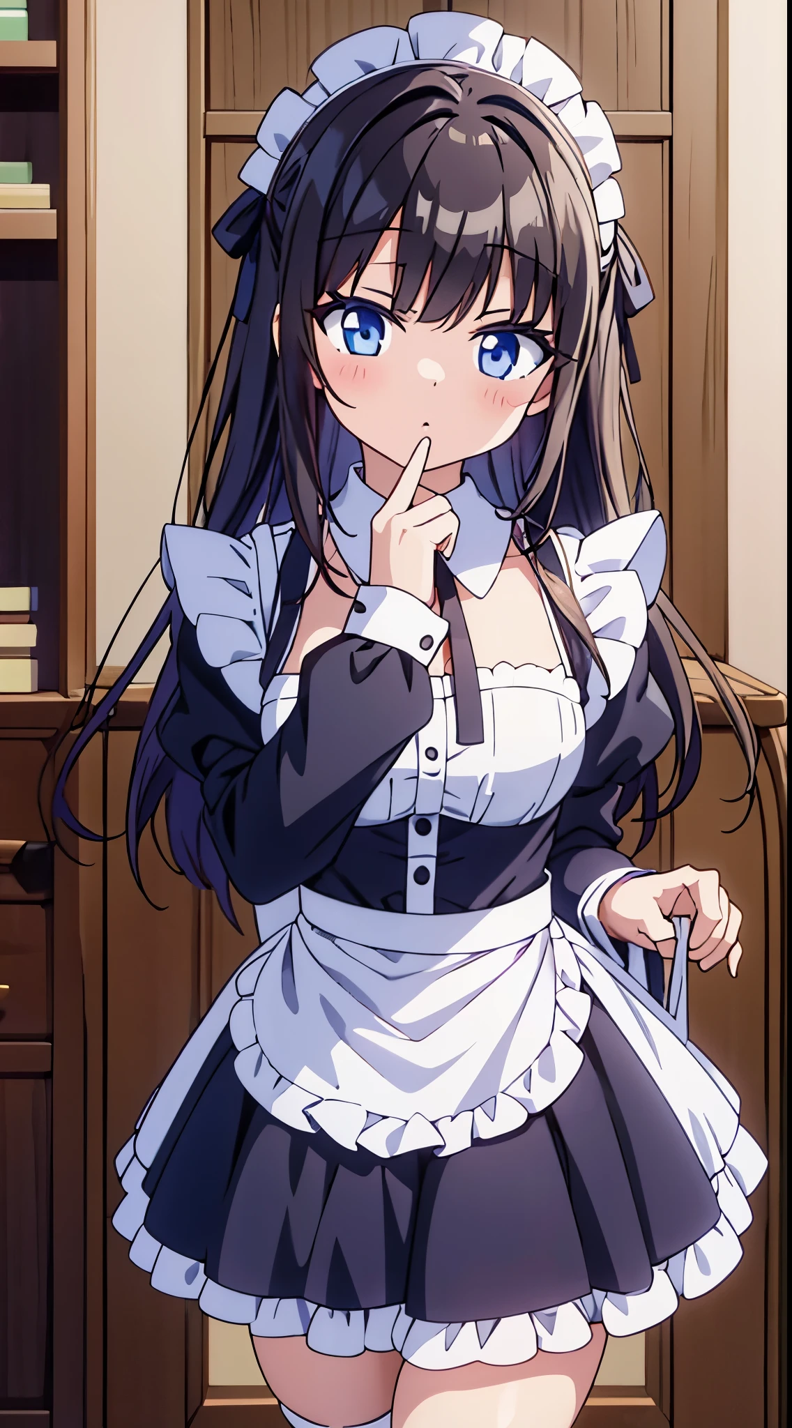 Anime style cute girl wearing maid costume, Lowered her head and lifted her skirt slightly to greet her master in front