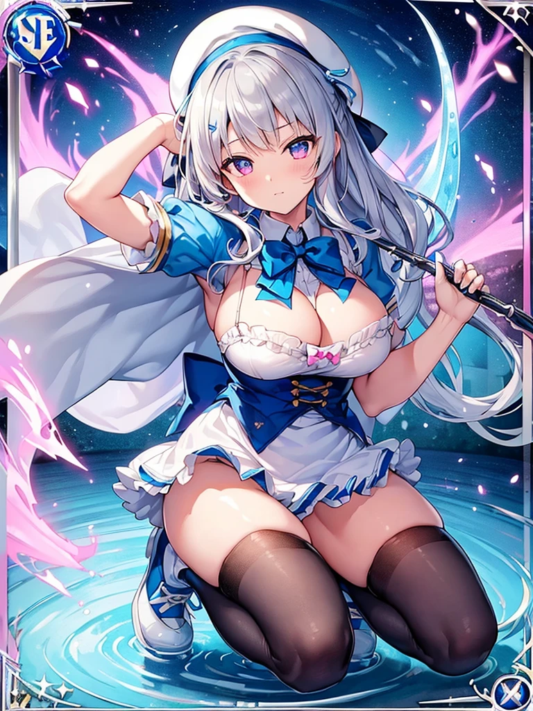 action pose,lean forward,{{squat}},hand onground,{{bend down}},battle scene, photo realistic, (masterpiece,best quality:1.4),(8k,raw photo,photo realistic:1.2),Not Safe for Work, detailed skin,detailed face,1girl,princess, cute face, super resolution,retro realistic details Illustration,,{{{elaborate,intricately,fantastic,delicately,tremendous,meticulous,minute,incredibly,obsessed,artisan's,subtle,virtuoso,skillful,vibrant, vivid, complex}}}, clearly focus edge, fresh natural gradation, best quality, amazing quality, very aesthetic, absurdres, pubisure, (((Blue school uniform))), mini frilled skirt, (frilled panties), happy, (White beret,Comes with a blue bow),
BREAK,
(((huge lance in hand))),
BREAK,
medium bob, ((silver hair)), ((wavy hair)), shimmering eyes, Pink eyes, , 12 yo,(((cape))),((Blue the Bow)), Puffy Sleeves, Bangss, shortsleeves, ((Blue bow ribbon)),(White frilled apron), flat chest, beautiful hands, neck ribbon, wristband, arm garter, baby face, twinkle in the eye, braided bangs, ((frilled ankle socks)), (((high tops))), mary janes, ring, masterpiece, top-quality, not safe for work,
yumekawa,yumekawaii,pastel color,(wonderland:1.3),imagination, ((splashing)), ((ripples)), splashing water, (water-color),((Multicolored lights)), (((trading card))),