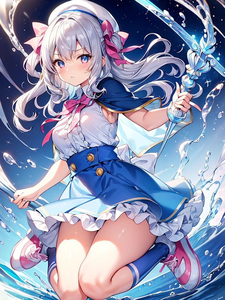 action pose,lean forward,{{squat}},hand onground,{{bend down}},battle scene, photo realistic, (masterpiece,best quality:1.4),(8k,raw photo,photo realistic:1.2),Not Safe for Work, detailed skin,detailed face,1girl,princess, cute face, super resolution,retro realistic details Illustration,,{{{elaborate,intricately,fantastic,delicately,tremendous,meticulous,minute,incredibly,obsessed,artisan's,subtle,virtuoso,skillful,vibrant, vivid, complex}}}, clearly focus edge, fresh natural gradation, best quality, amazing quality, very aesthetic, absurdres, pubisure, (((Blue school uniform))), mini frilled skirt, (frilled panties), happy, (White beret,Comes with a blue bow),
BREAK,
(((huge lance in hand))),
BREAK,
medium bob, ((silver hair)), ((wavy hair)), shimmering eyes, Pink eyes, , 12 yo,(((cape))),((Blue the Bow)), Puffy Sleeves, Bangss, shortsleeves, ((Blue bow ribbon)),(White frilled apron), flat chest, beautiful hands, neck ribbon, wristband, arm garter, baby face, twinkle in the eye, braided bangs, ((frilled ankle socks)), (((high tops))), mary janes, ring, masterpiece, top-quality, not safe for work,
yumekawa,yumekawaii,pastel color,(wonderland:1.3),imagination, ((splashing)), ((ripples)), splashing water, (water-color),((Multicolored lights)), (((trading card))),