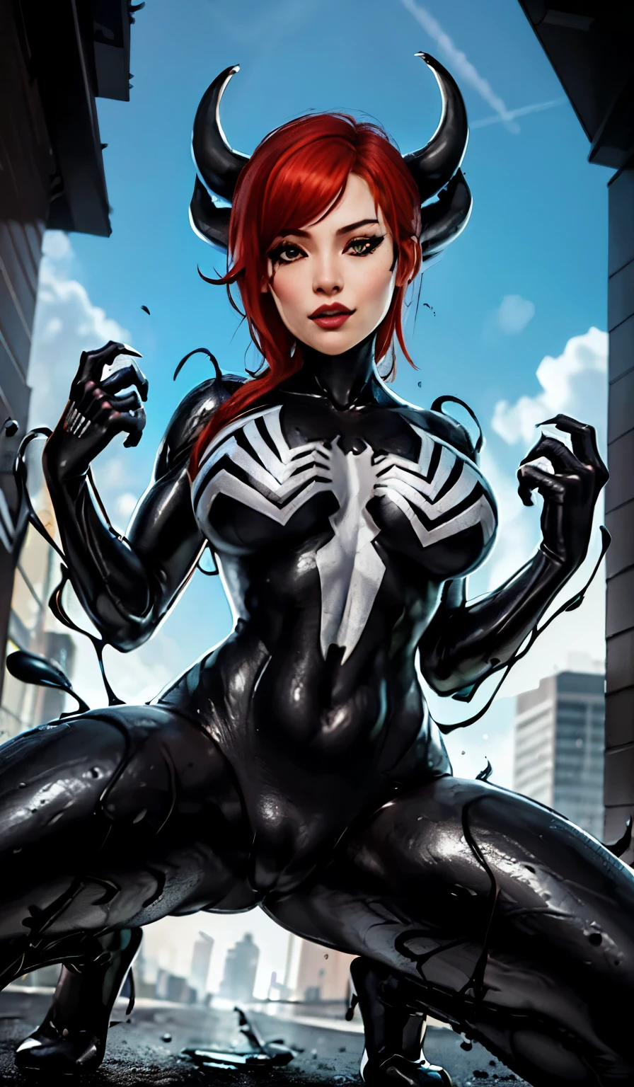 4K，realisticlying，Glamorous，The  very detailed，There  a girl in Dingcheng，Red hair，Wearing a black Spider-Man costume，（Black and white：1.4） the night,symbiote，venomize，a large amount of mucus,she  a spiderman，Black superhero theme，In front of the sky，Flushed complexion，( Open legs， camel-toe，， Vulvar shape：1.3）,(GGCameltoe:1.3)Legs apart，25 age old，full bodyesbian