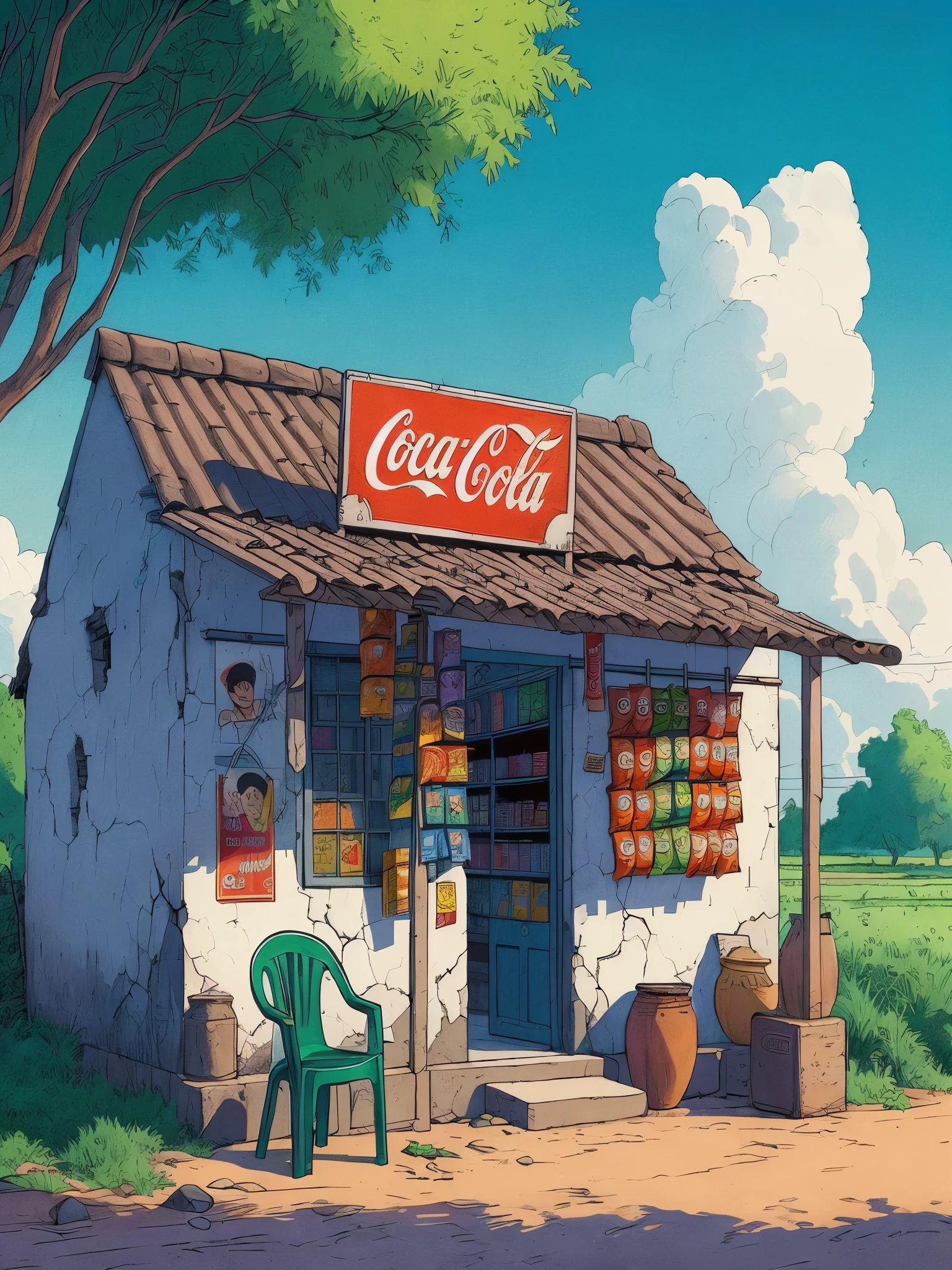 Draw a tintin style anime simple art of a old cemented indian general shop in village, cracked walls, a plastic chair outside, Coca cola board outside, Lays chips packets hanging outside, greenery, tree shade, beautiful sky, beautiful color palette, no human, vibrant colors,