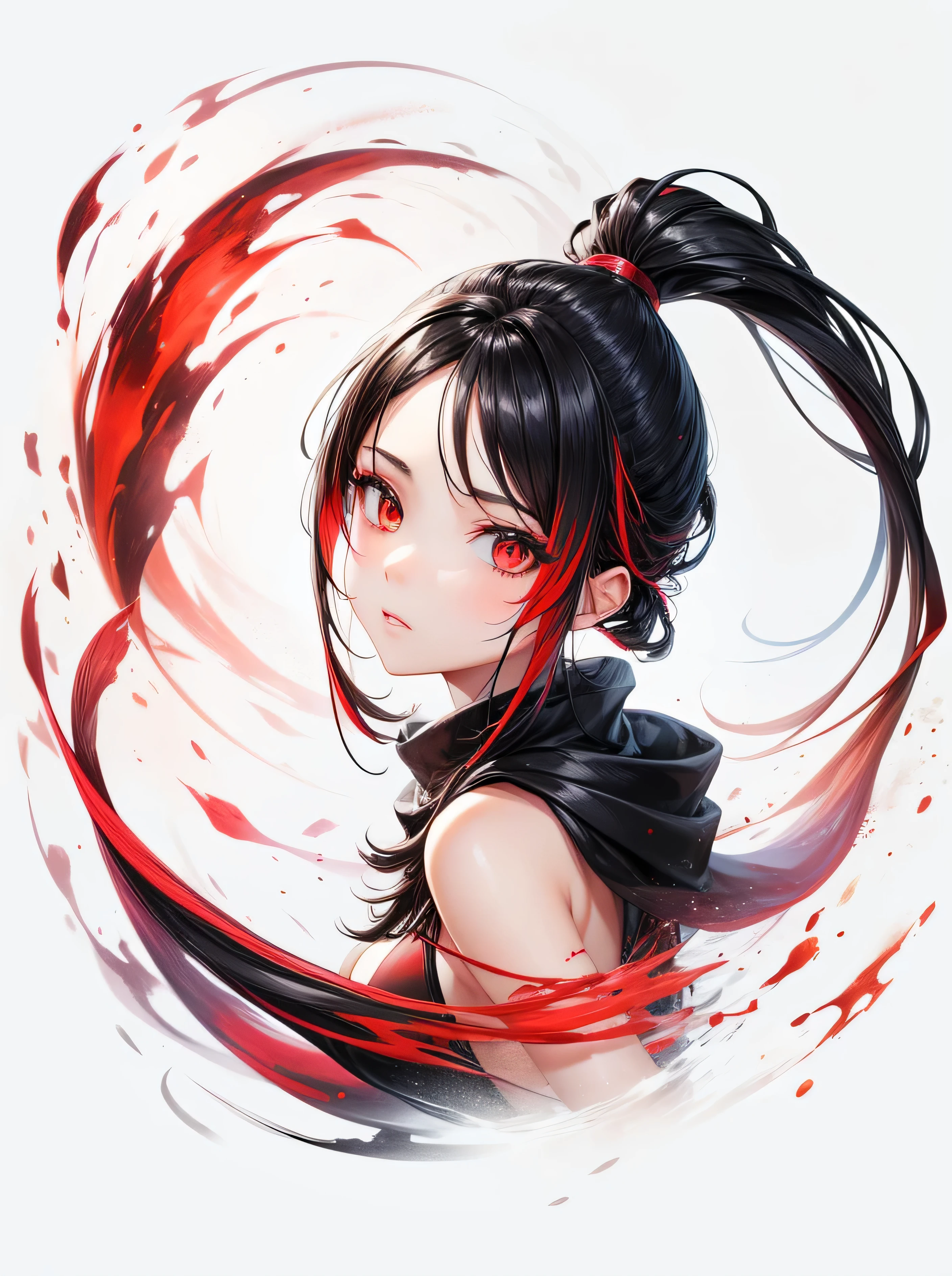 create an ultra realistic beautiful girl with total black body, long hair tied with main colors red and black