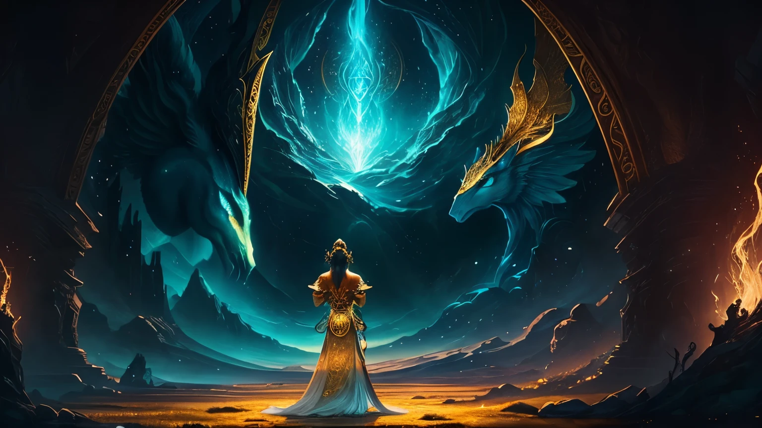 Generate an image featuring a woman with her back turned in a vast, mythological-inspired landscape, gazing towards a grand light in the sky. The scene should evoke a mythical ambiance, drawing inspiration from ancient tales and symbols. Integrate mythical creatures or symbolic motifs to enhance the fantastical atmosphere. Emphasize the grandeur of the open space and utilize a color palette reminiscent of mythical realms, with a focus on golden tones. While incorporating golden hues, feel free to explore additional colors that complement the overall mythical aesthetic