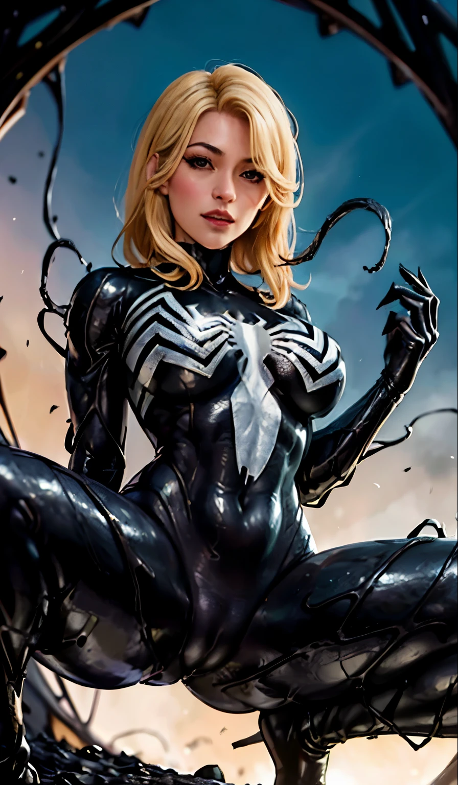 4K，realisticlying，Glamorous，The  very detailed，There  a girl in Dingcheng，Blonde hair，Wearing a black Spider-Man costume，（Black and white：1.4） the night,symbiote，venomize，a large amount of mucus,she  a spiderman，Black superhero theme，In front of the sky，Flushed complexion，( Open legs， camel-toe，， Vulvar shape：1.3）,(GGCameltoe:1.3)Legs apart，25 age old，full bodyesbian