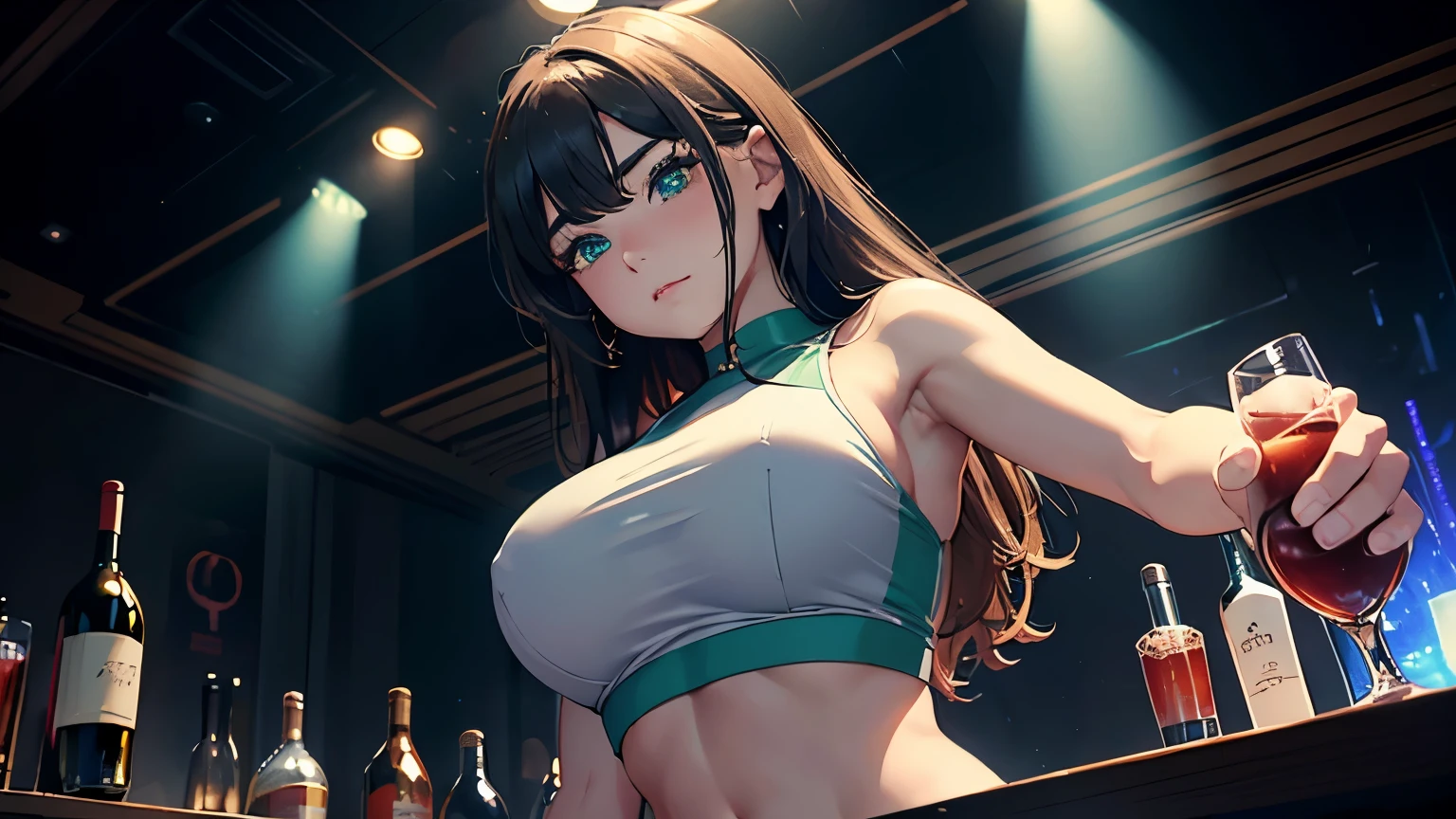 wide angle, 4K, A high resolution, Best quality at best, tmasterpiece, perfect colors, perfect shadow, perfect litthing, ((sportrait)), bright green eyes，With round lenses, The audience watched carefully, (s face: 1.2), Perfect female figure， ((90s crop top)), ((looking and shy at viewert)), (Perfect thick white eyebrows) Delicate fur, 详细s face, s the perfect shy face, At a  in an underground dance club , (Drink a glass of wine standing), Comfortable background, perfect  decoration, lighting atmosphere, ((Bonifasko lighting)), (The round lenses on his eyes)(詳細な目), Perfect student