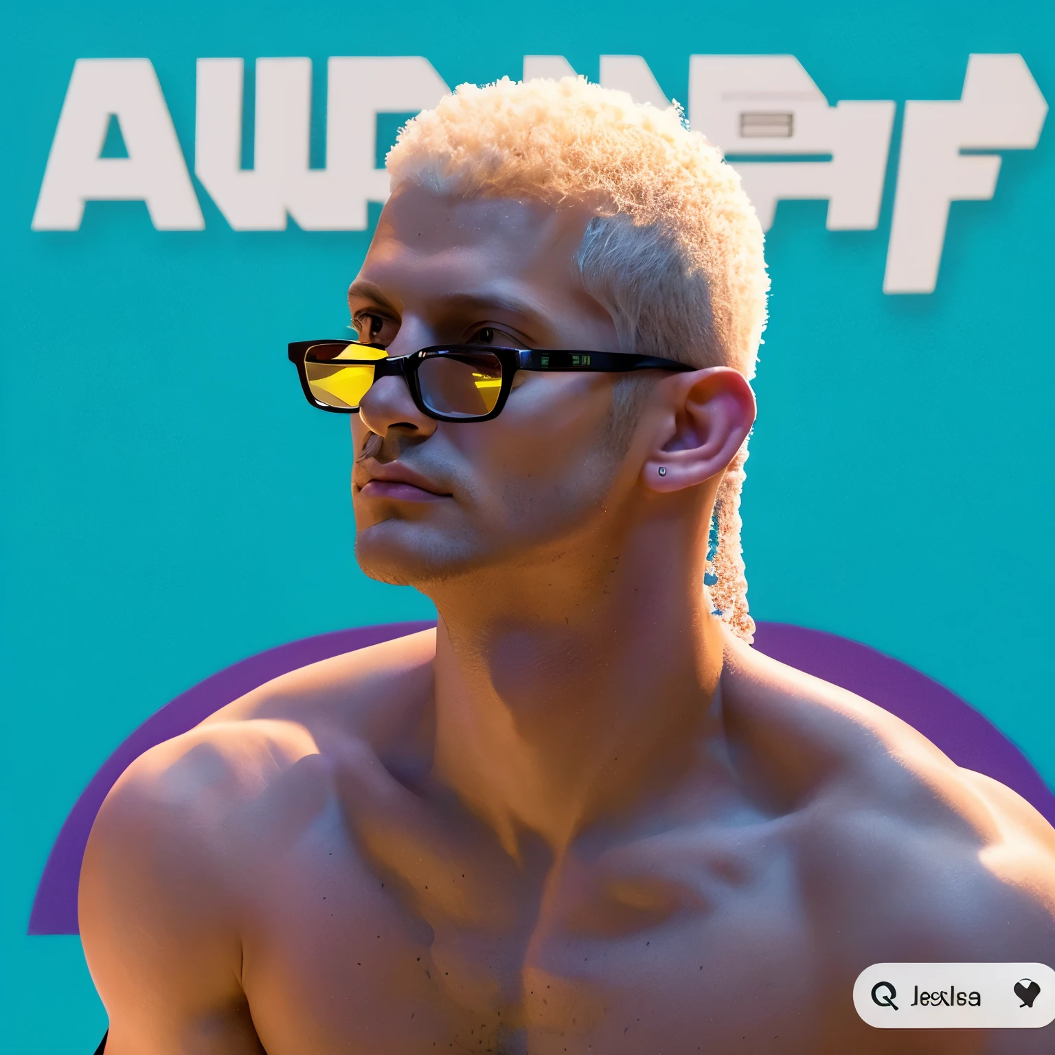 Create a 3D illustration of an animated American man character with glasses standing casually on top of a social media logo "Whatsapp". The character must be naked, cabelos curtos e lisos, pele clara, olhos levemente puxados, magro e segurando uma banana. The background of the image is a social media profile page with the username "Stenkes" e uma foto de perfil correspondente.