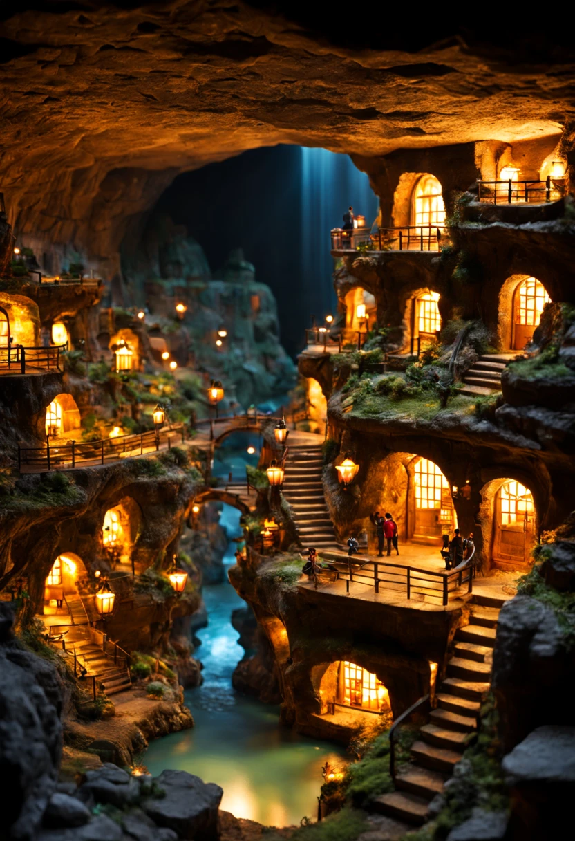Underground cavern with a bustling miniature city inside with cozy lights and warm friendly feeling
