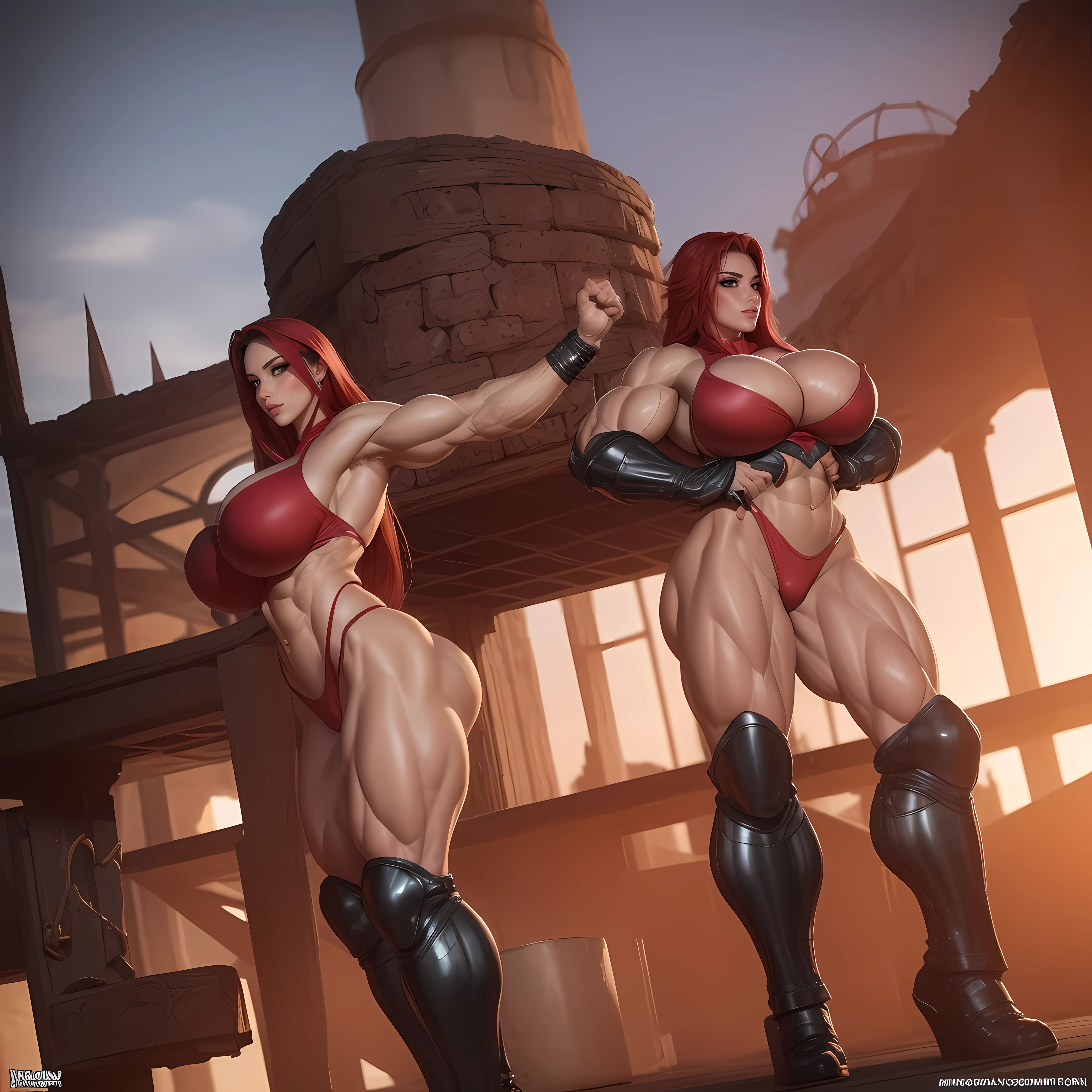 Female supervillain, magical powers, muscular, realistic, beautiful, incredibly intricate, 8k resolution, muscular abs, muscular calves, long hair, huge breast, red hair, freckles, armor, ((NSFW)), (((accurate anatomy))), ((wide hips)), (((Huge breasts))), ((long legs)), (((Massive Female Bodybuilder))), ((((Muscular Legs)))), (((((Huge Muscles)))))