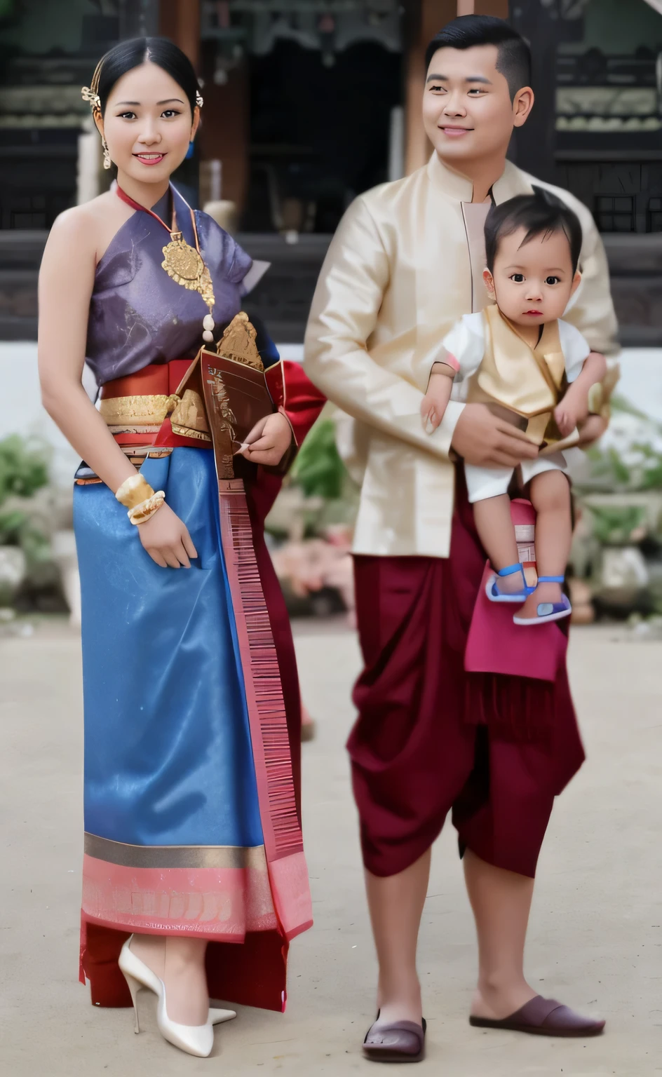 there are two people standing in front of a building with a , sukhothai costume, husband wife and son, in style of thawan duchanee, traditional clothes, wearing traditional garb, traditional tai costume, traditional dress, traditional clothing, traditional, barong family, wearing authentic attire, in front of a temple, traditional beauty, barong family member