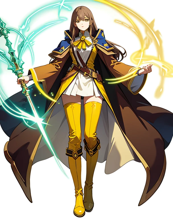 (earth mage), (yellow castlevania_clothes), (knee_boots), yellow_pants,
1girl, female, (young adult), femenine,
standing, looking at viewer, expressionless, 
holding magic staff,
brown hair,
(yellow eyes), (detailed eyes), 
[(white background:1.5)], (solo), ((full body shot)), game pose, 
