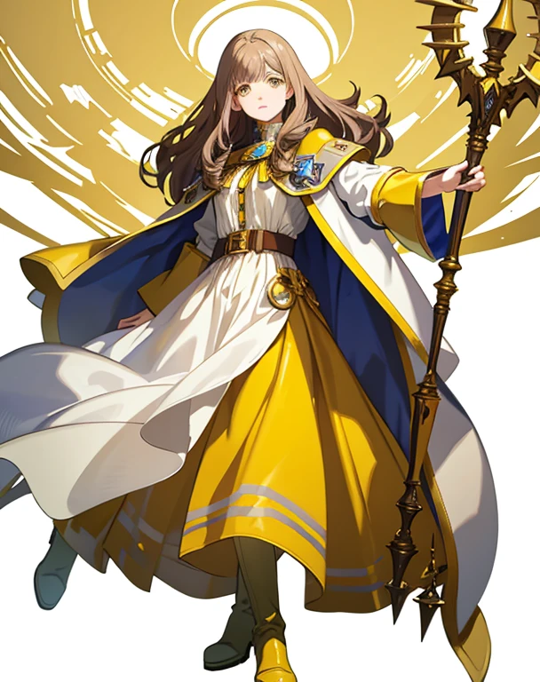 (earth mage), (yellow castlevania_clothes), (knee_boots), yellow_pants,
1girl, female, (young adult), femenine,
standing, looking at viewer, expressionless, 
holding magic staff,
brown hair,
(yellow eyes), (detailed eyes), 
[(white background:1.5)], (solo), ((full body shot)), game pose, 
