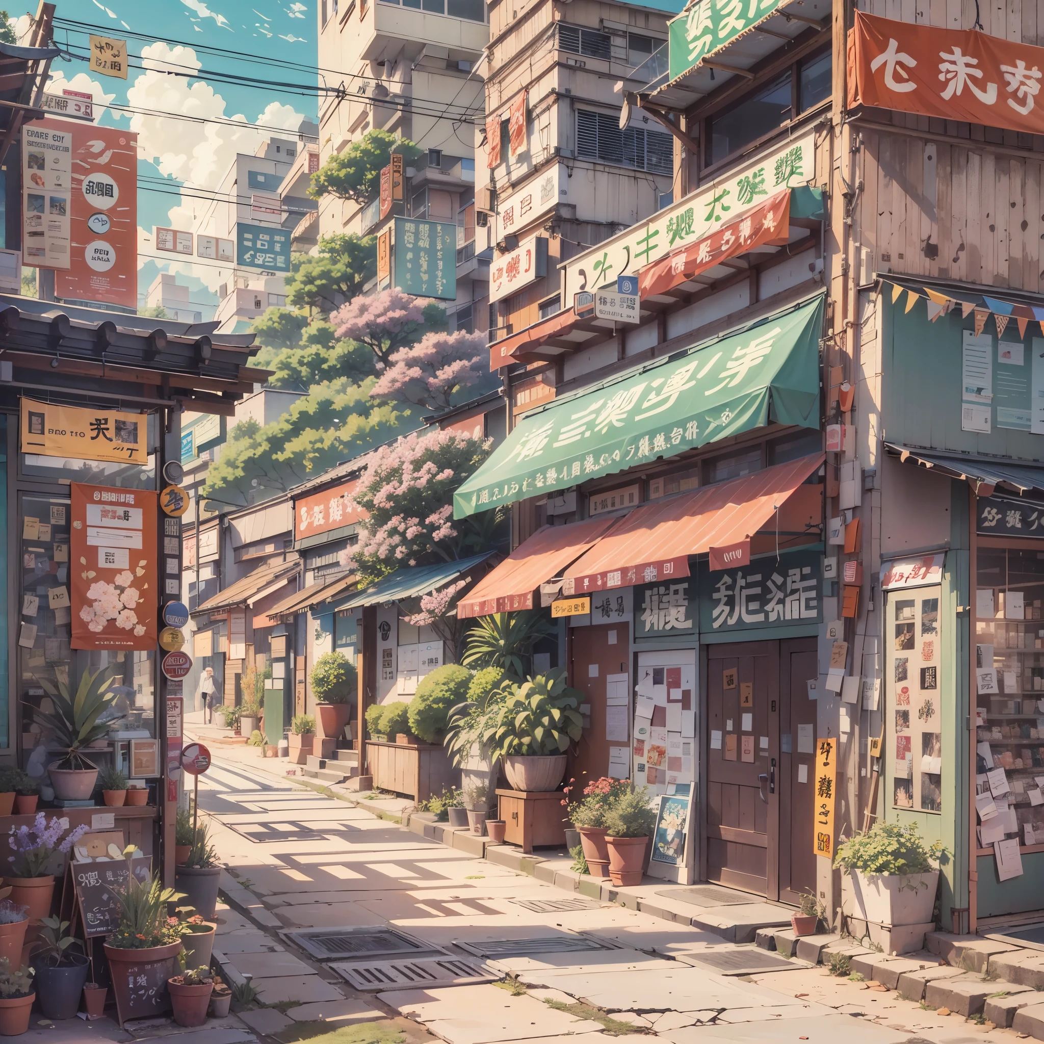anime background, anime wallpaper, anime, anime style, lofi, lofi style, modern japanese street, mountains, uphill, modern japanese architecture, japanese convenience store, big retro japanese shop signs, retro japanese store, trees, plants, rocks, plant pots, shop signs, japanese banners, japanese signs, flags, empty street, no one in sight, (no one: 1), best quality, wide view, street going uphill, buildings tight together,