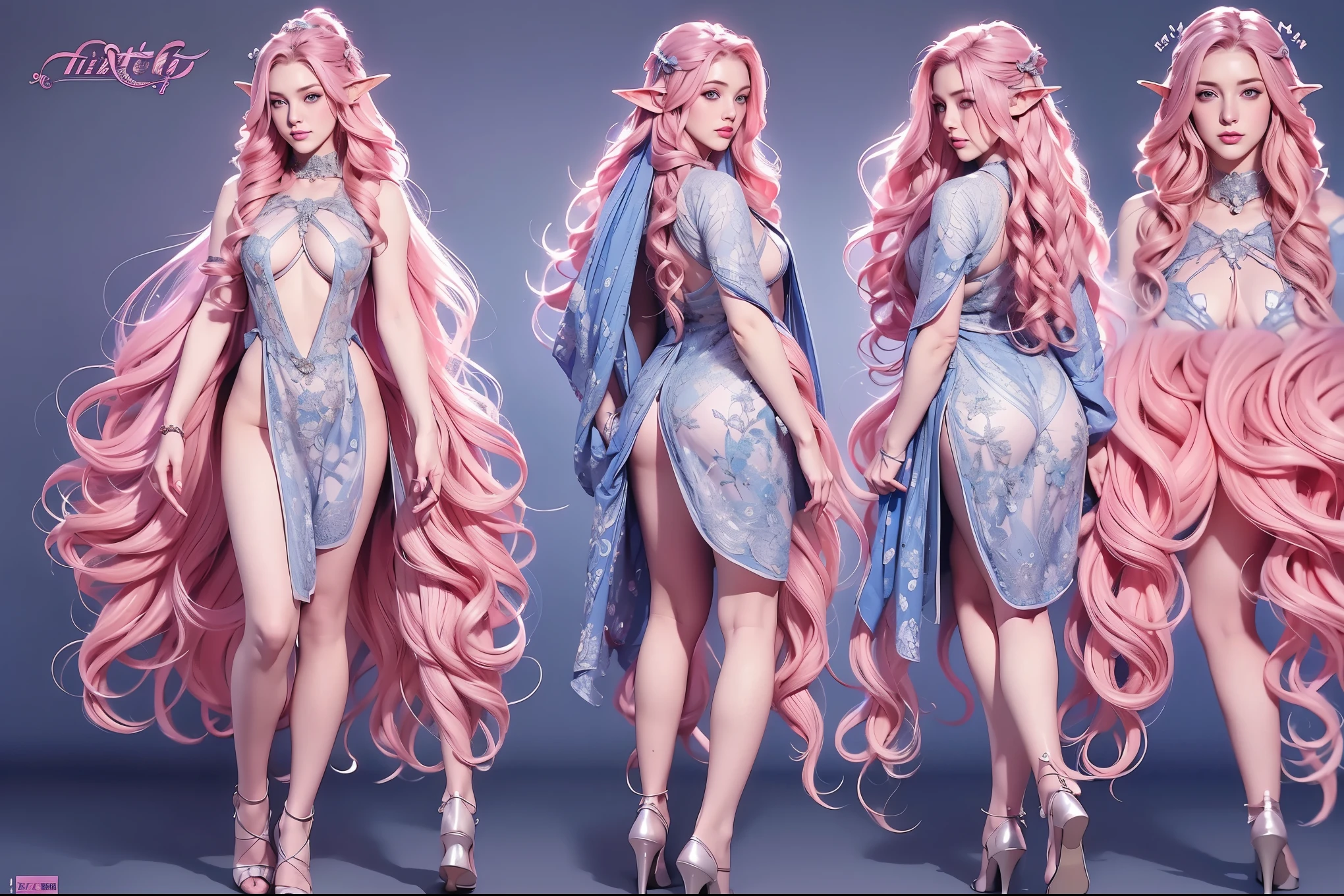 ((artwork, Highest quality)), detailed face, character sheet, full body, Full of details, Various poses and expressions, highly detailed, depth, design, Woman, long curly hair, pink hair, blue eyes, elf , Whole body, parts, plug