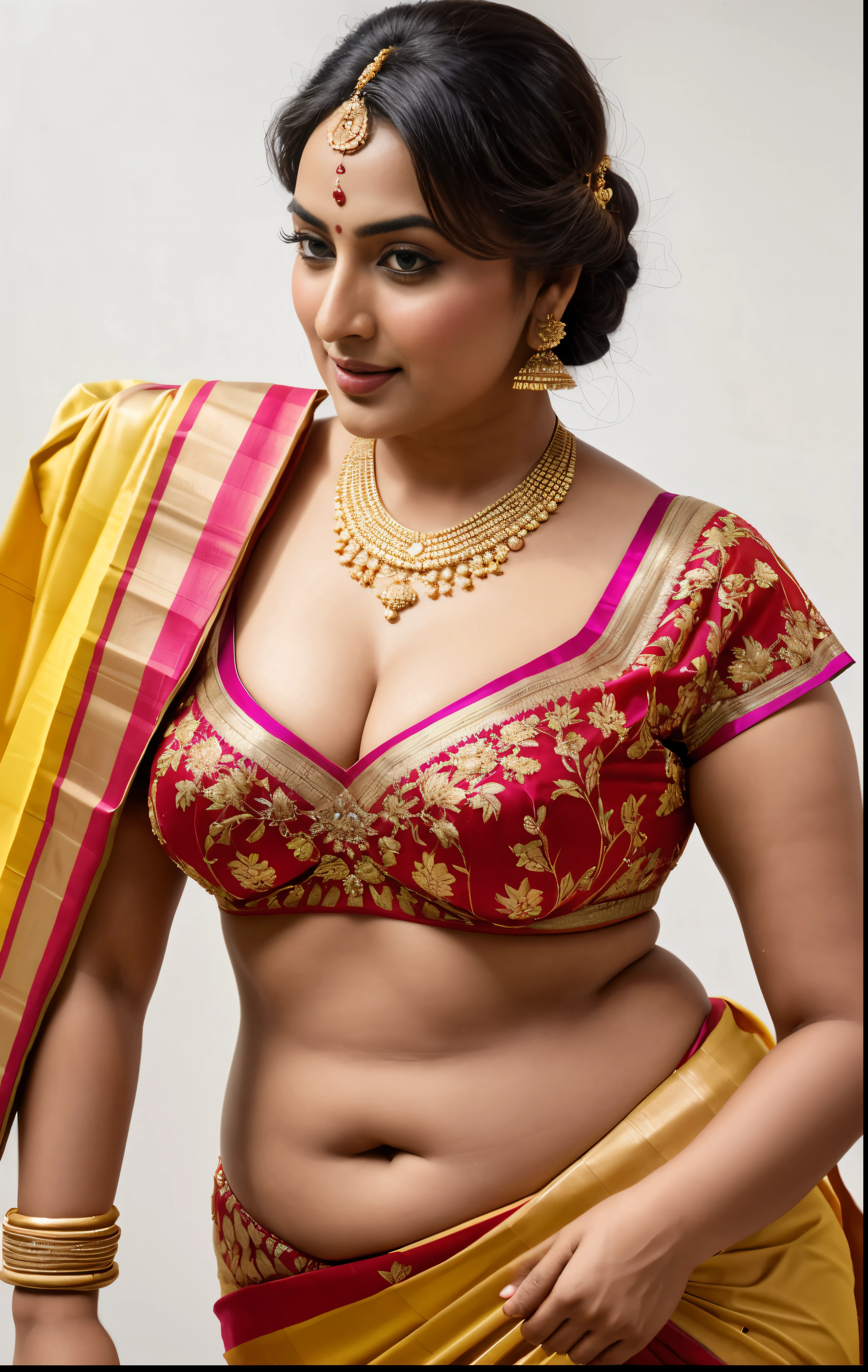 Foto RAW, photorealistic, photography, full body shot, master shot, perfect eyes, goddess like beauty, pierced eyes, perfect thick chubby mallu Desi aunty bhabhi, Wearing a Stanapatta, a chest-band.Saree model, model Photography, Indian saree shoot, Indian traditional wear advertising photography, traditional wear brand shoot, face of Indian actress Sonakshi Sinha, masterpiece, realistic, realism, incredible details,  pleasure, photorealism, detailed skin, skin pores, high contrast, photorealistic Artstation 8k HD digital art trend of high definition and detailed realistic skin texture, ultra detail, realistic skin texture, armature, best quality, ultra high definition, (photorealistic:1.4),, high resolution, detail, raw photo, sweat, Re sharp, by Lee Jefferies Nikon D850 Film Stock Photo 4 Kodak Portra 400 Camera F1.6 Lens Rich Color Ultra Real Realistic Realistic Textures Dramatic Lighting Unreal Engine Trending at Art Station Cinestill 800,(pele altamente detalhada: 1.2), 8k UHD, DSLR, soft-lighting, alta qualidade, grain of film, Fujifilm XT3,she didn't like to wear blouse or bra, she is happy to wear only saree, she hates blouse or bra, detailed hairy armpits,