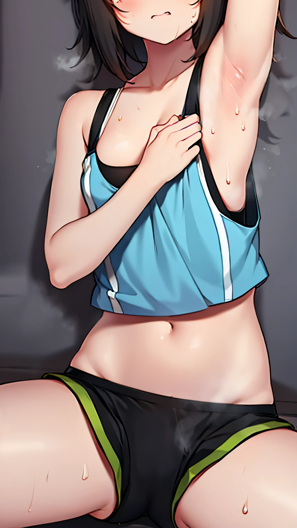 Tank top,demin shorts,big ,armpits,spread legs,steam,lewd,leotard,sweat,steam,big