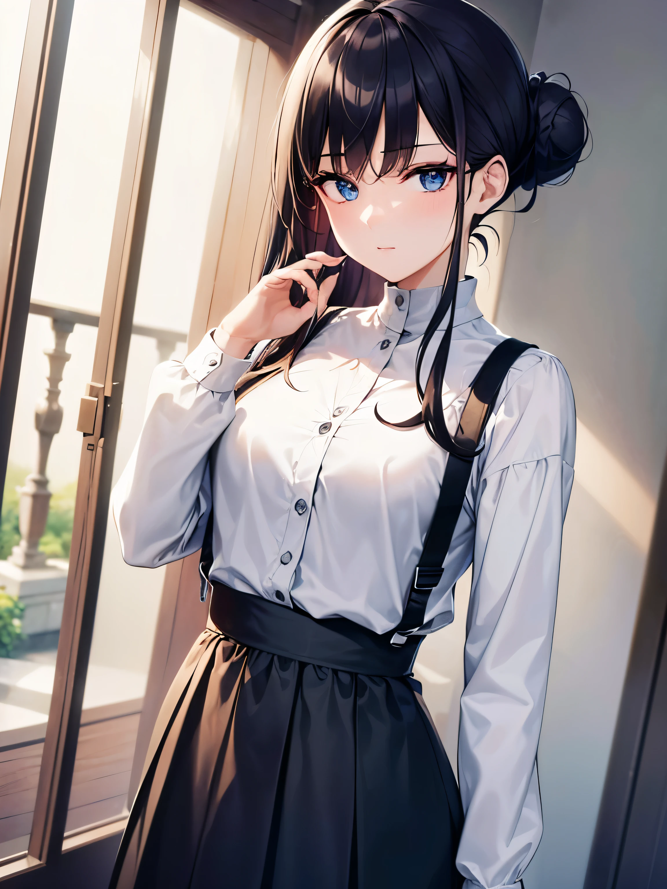 (best quality), (masterpiece), 1080p, hd, 4k, 8k, pretty face, beautiful, pretty hands, incredible, beautiful eyes, red-black hair, bun tied hair, hair lenght to shoulder, blue eyes, long eyelashes, grey long sleeve shirt, black mid-long skirt