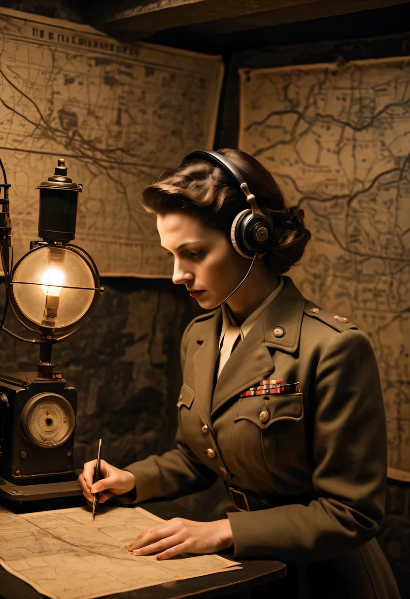 More than 40 years old，Telegraph used underground to send messages in dark underground tunnels，Female spy wearing headphones，underground combat headquarters，old map hanging on the wall，