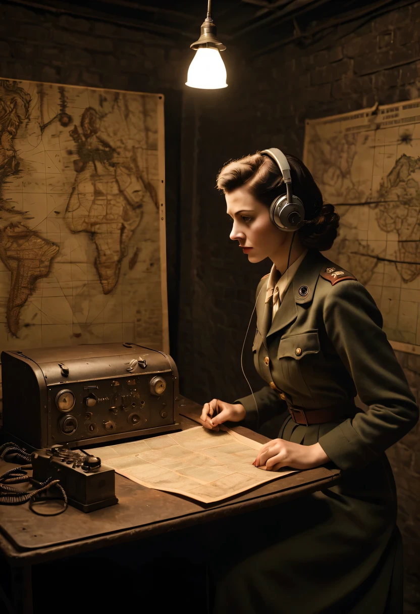 More than 40 years old,Telegraph used underground to send messages in dark underground tunnels,Female spy wearing headphones,underground combat headquarters,old map hanging on the wall,