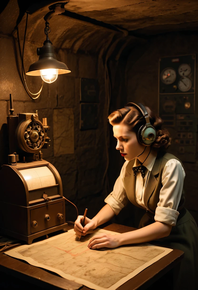 More than 40 years old，Telegraph used underground to send messages in dark underground tunnels，Female spy wearing headphones，underground combat headquarters，old map hanging on the wall，