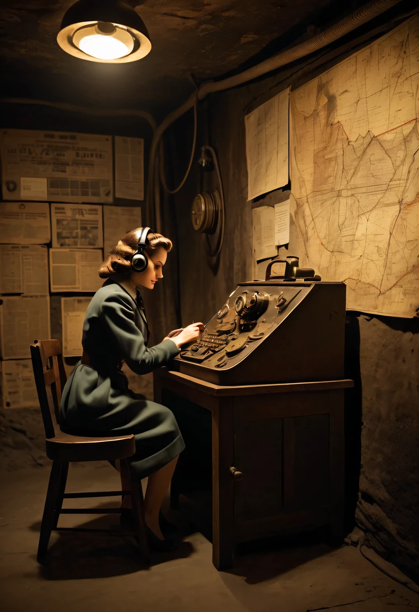 More than 40 years old，Telegraph used underground to send messages in dark underground tunnels，Female spy wearing headphones，underground combat headquarters，old map hanging on the wall，