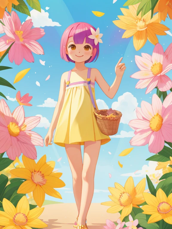 Stand in front of the photo、1girl in,Full body, a short bob、Sleeveless、rainbow color Hair,Colorful flip flops,A slight smil、kawaii pose、naked, nude, flat chest、up of face、Eye Up、there are flowers even in front of you、flower petals、season!!: 夏天☀ 🍂