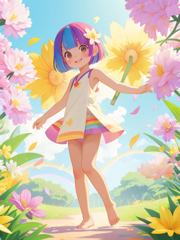Stand in front of the photo、1girl in,Full body, a short bob、Sleeveless、rainbow color Hair,Colorful flip flops,A slight smil、kawaii pose、naked, nude, flat chest、up of face、Eye Up、there are flowers even in front of you、flower petals、season!!: 夏天☀ 🍂