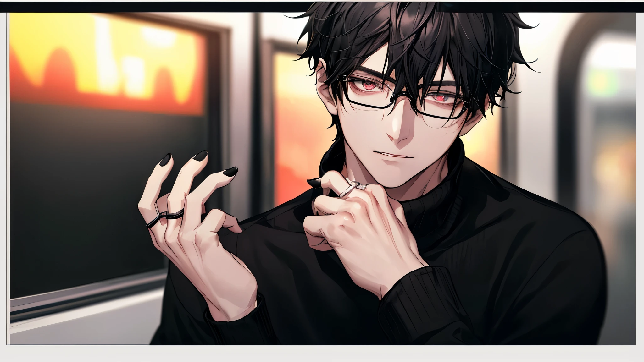 1 guy, black jeans, black sweater, press, Thin, pale, rings on fingers, black nails, Glasses, black hair, a little sporty, Glass eyes, portrait, cinematic lighting, Blur background, Best quality, Brown eyes, in a subway