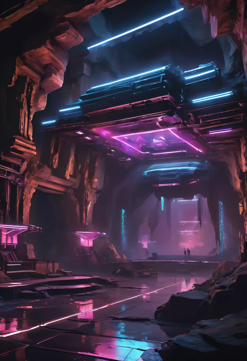 (Underground cave dance hall:1.2)，underground structure，sense of technology，cave underground dance hall，underground structure，Gothic ballroom underground cave，vampire dancing，stage，DJ,light lighting，sense of technology，futuristic，Science fiction，cyberpunk，Unreal Engine，fault art，mechanical aesthetics，neon lights