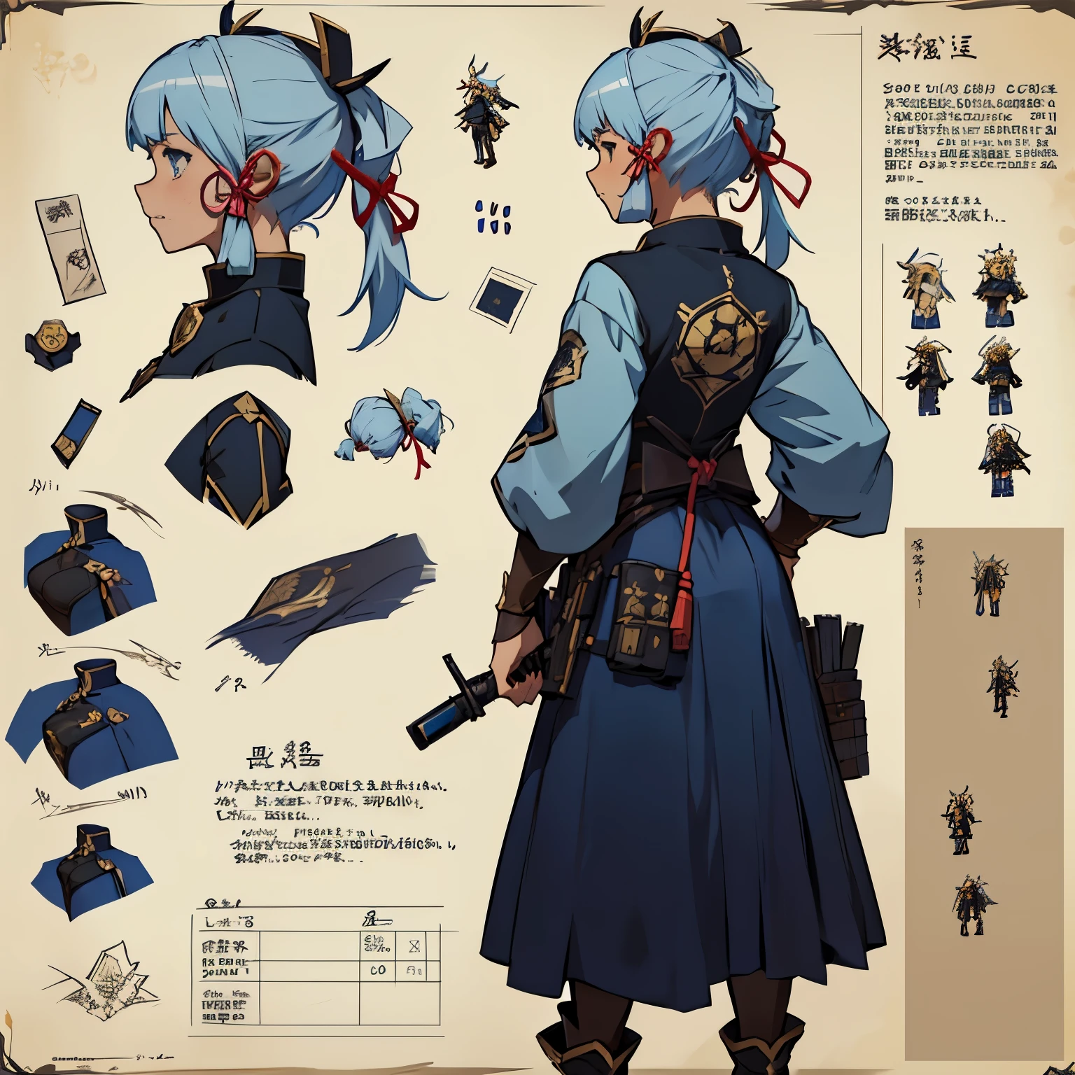 kamisato_ayaka, Close-up of a young woman holding a big bow, ((Character concept art)), ((Character design sheet, Same character..., Front, side, back)) Maple Story Character Art, Video Game Character Design, Video Game Character Design, Maple Girl Gun Story, Highly detailed concept art from experts
