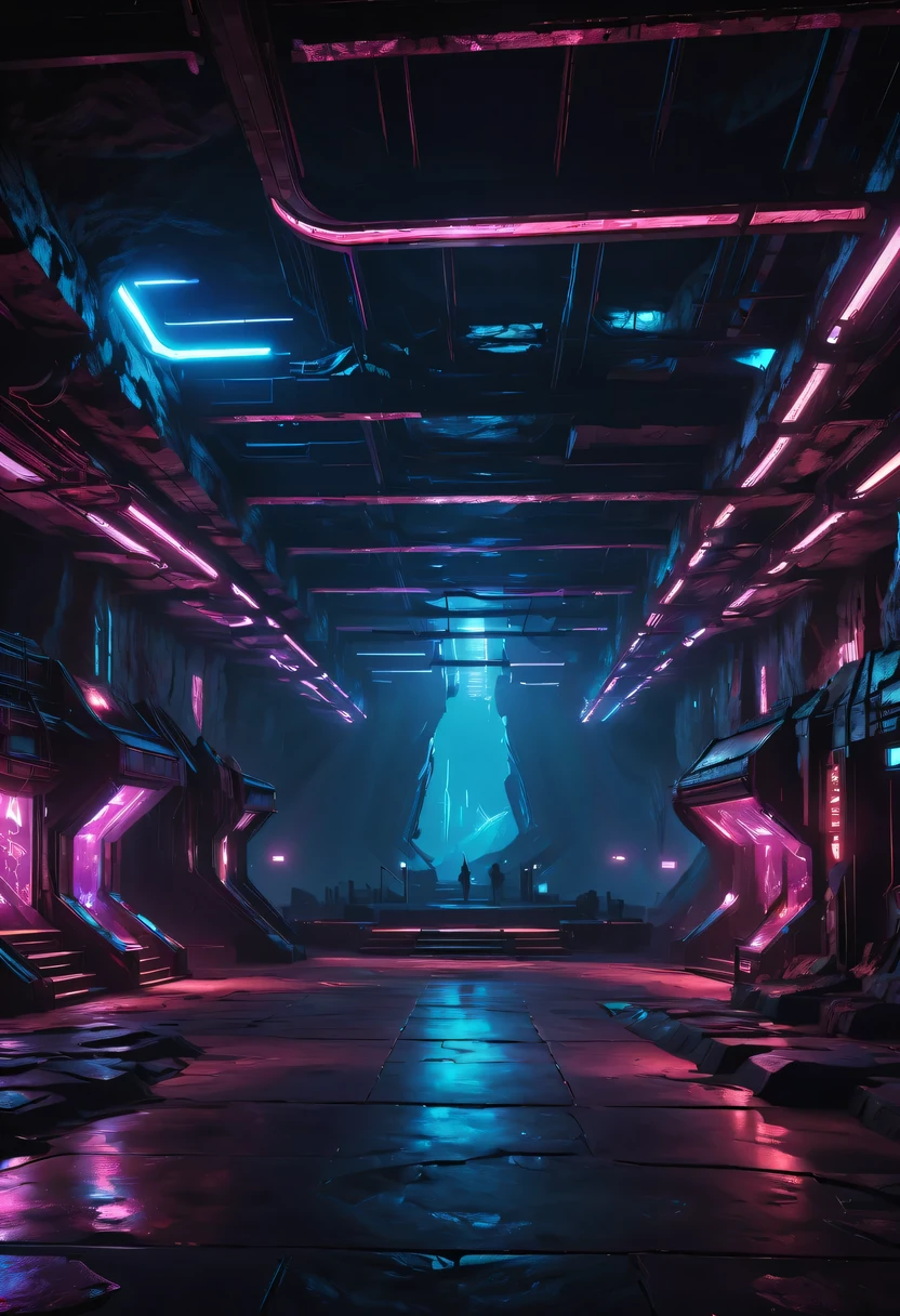 (Underground cave dance hall:1.2)，underground structure，sense of technology，cave underground dance hall，underground structure，Gothic ballroom underground cave，vampire dancing，stage，DJ,light lighting，sense of technology，futuristic，Science fiction，cyberpunk，Unreal Engine，fault art，mechanical aesthetics，neon lights