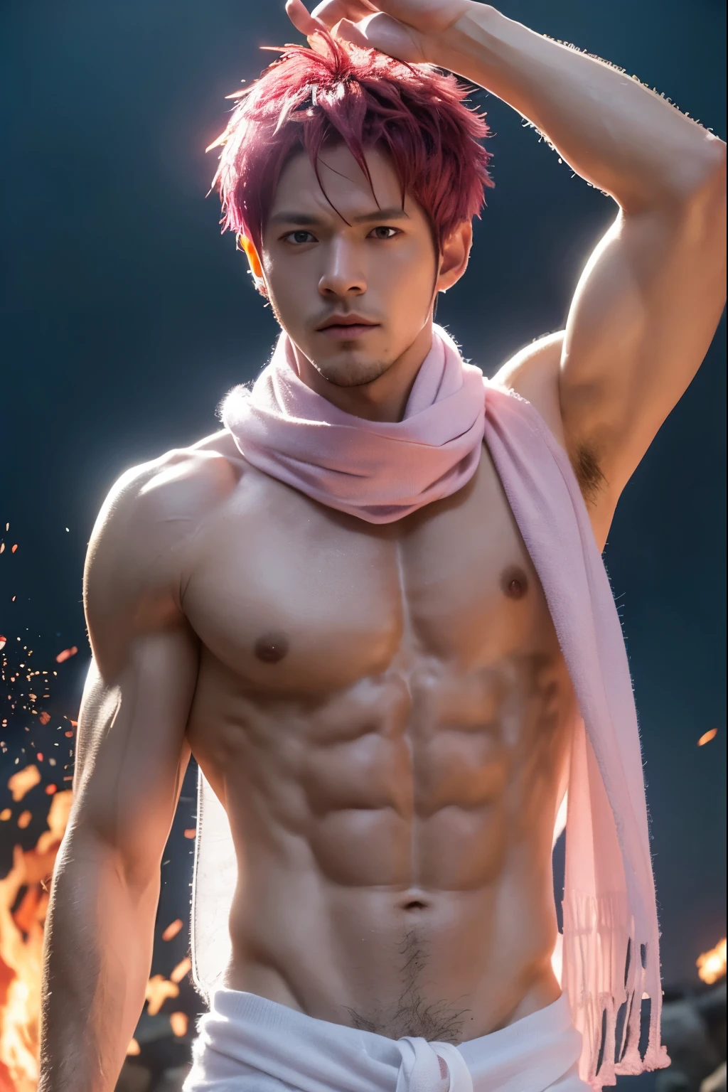 ((Upper body)) masterpiece, best quality red eyes, Game CG, adult man, (naked:1.2) rough adult face, duo, male focus, looking at the audience, Upper body, Natsu Dragneel Natsu_Dragneel, pink hair, red eyes, (shirtless naked), Toned muscles, chest muscles, 8 ABS, toned legs, naked, slightly protruding, (the fire:1.5) and embers (particle effect:1.2), detailed, dynamic lighting, Sufficient lighting, (skin on fire:1.2), (burning sensation on skin:1.2), (Eyes on fire:1.2), penis and scrotum, ((looking from a distance)) ((white scarf))